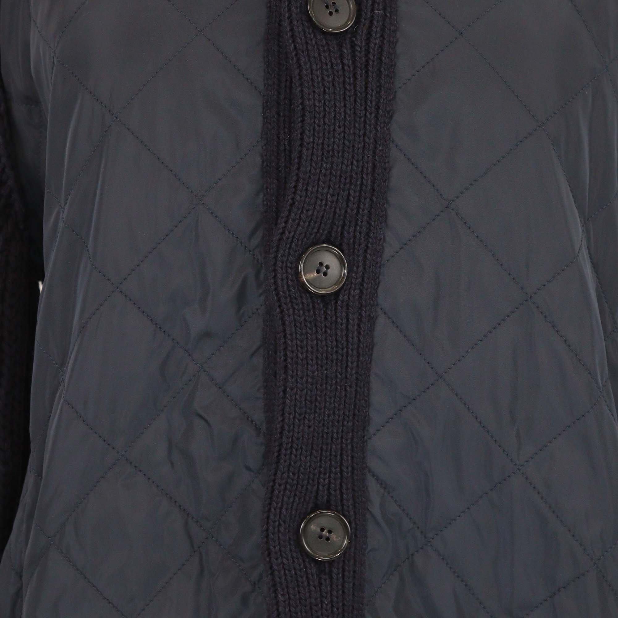 Prada Sport Navy Blue Wool & Nylon Buttons Front Cable Knit Hoodie Mens Prada Sport 