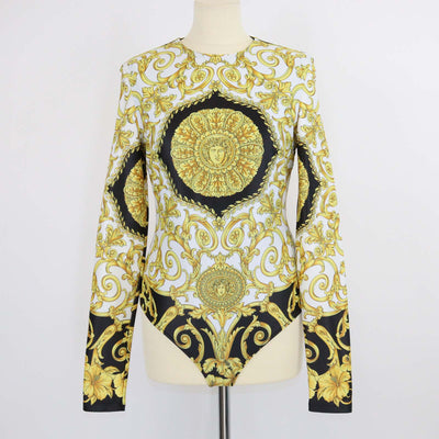 Versace Multicolor Nylon Medusa Print Long Sleeve Bodysuit