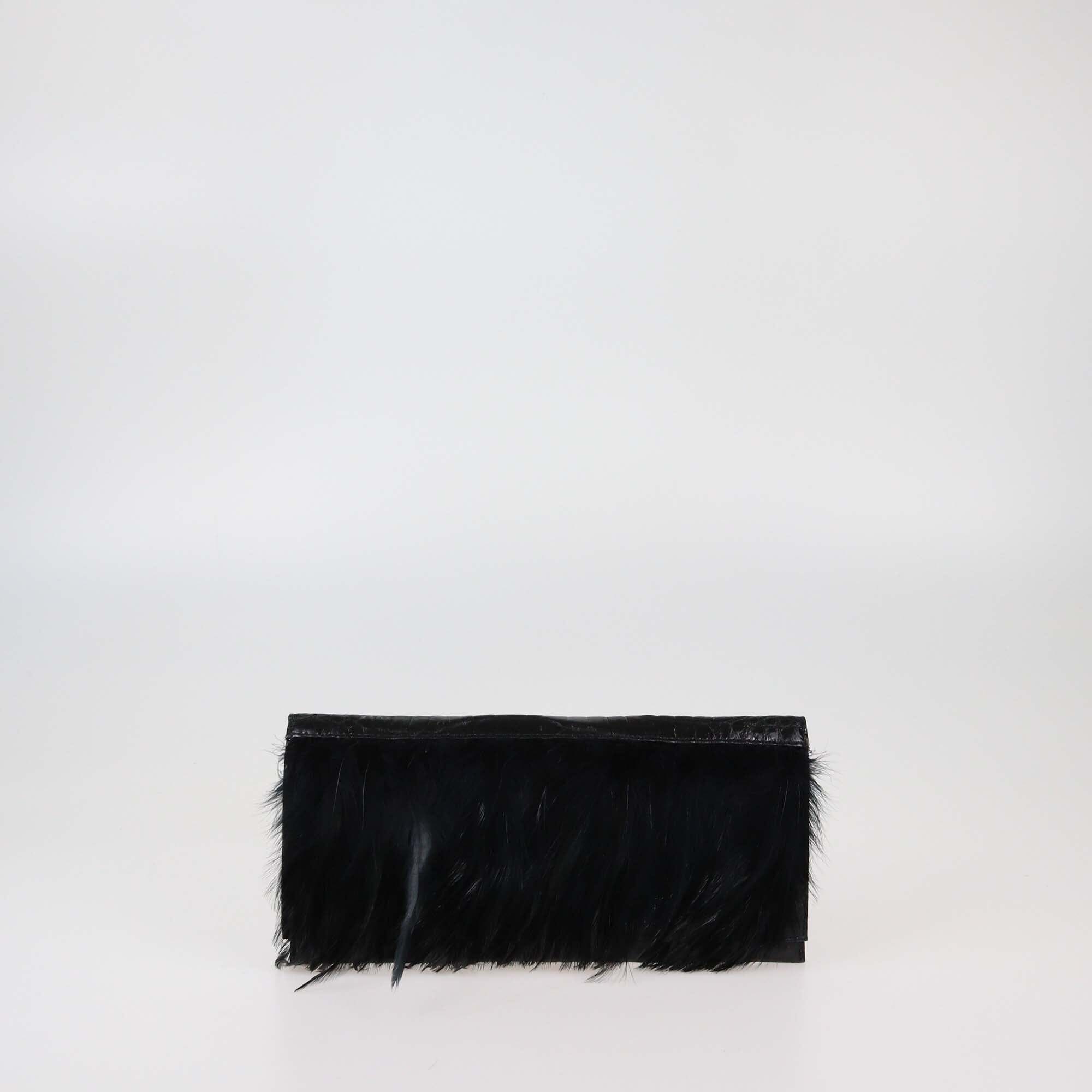 Romanek Black Feather Croc Embossed Flap Clutch Womens Romanek 