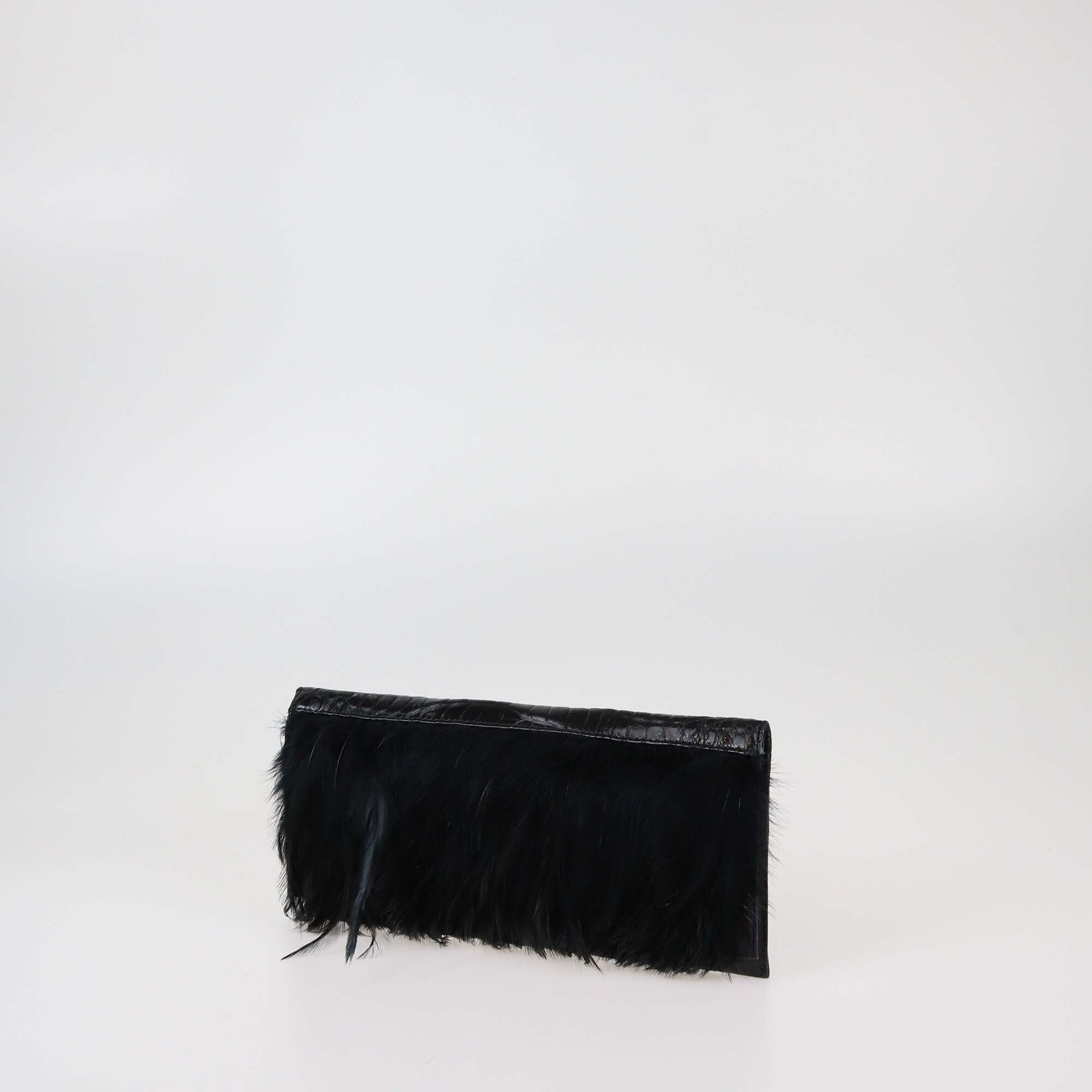 Romanek Black Feather Croc Embossed Flap Clutch Womens Romanek 