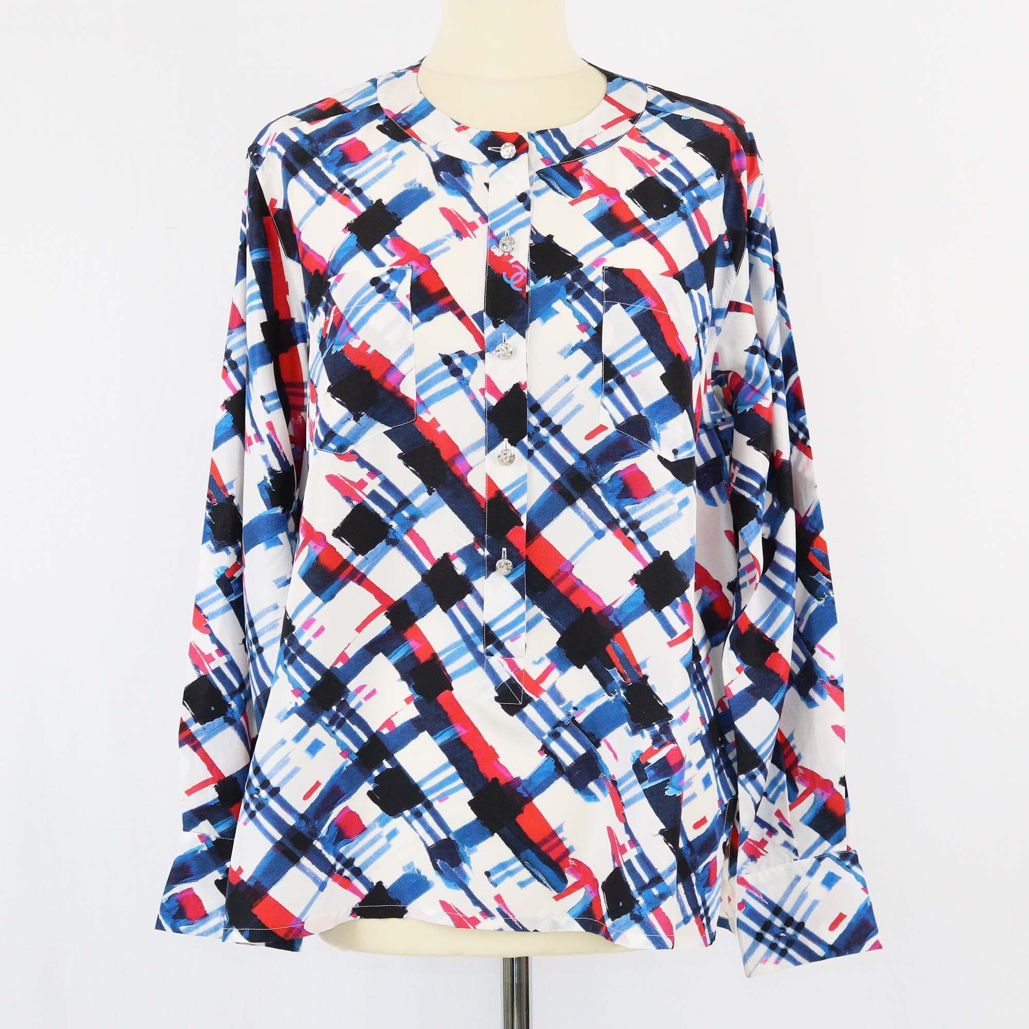 Chanel Multicolor Printed Airlines Collection Plaid Longsleeve Blouse Womens Chanel 