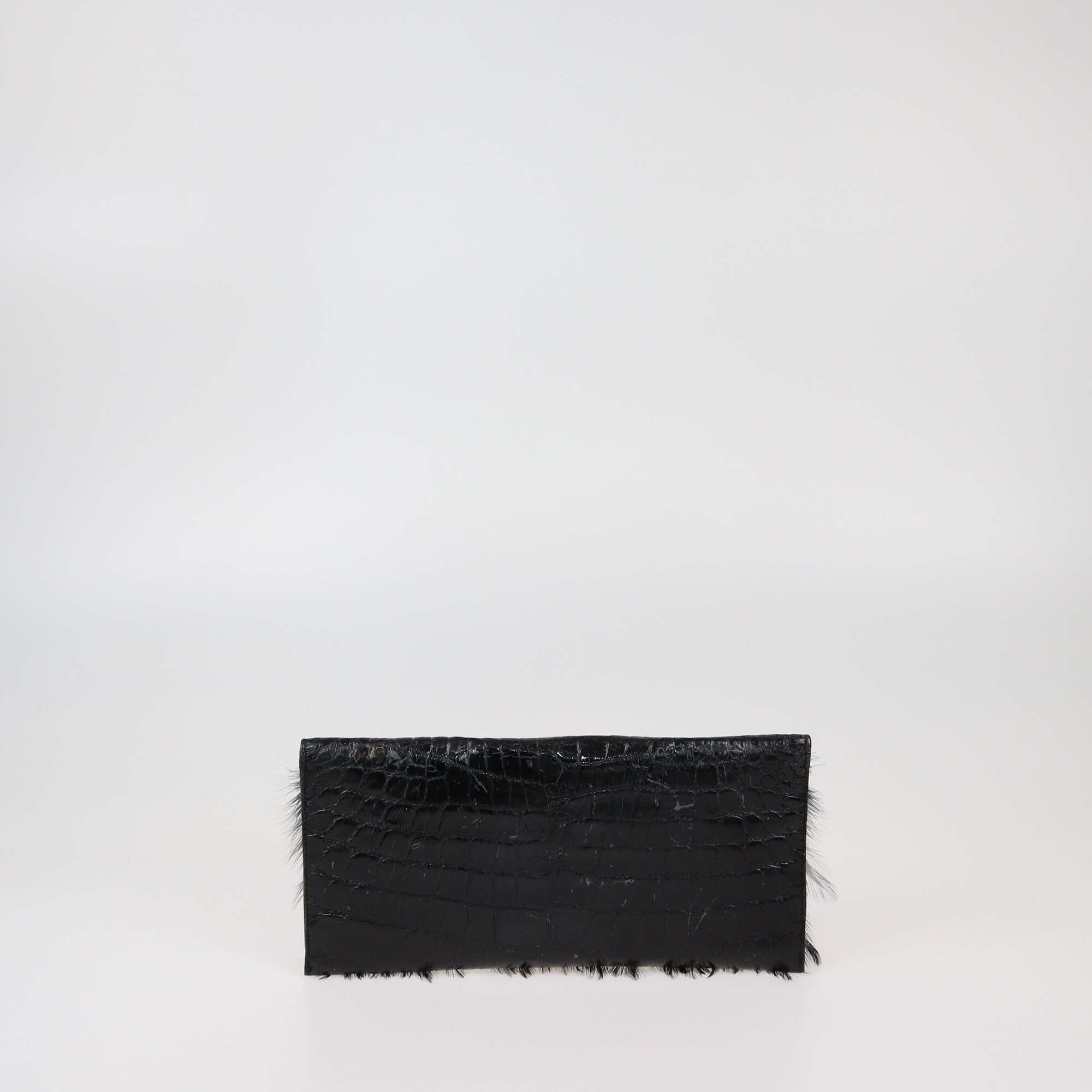 Romanek Black Feather Croc Embossed Flap Clutch Womens Romanek 