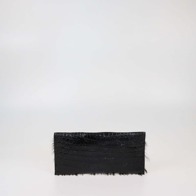 Romanek Black Feather Croc Embossed Flap Clutch Womens Romanek 