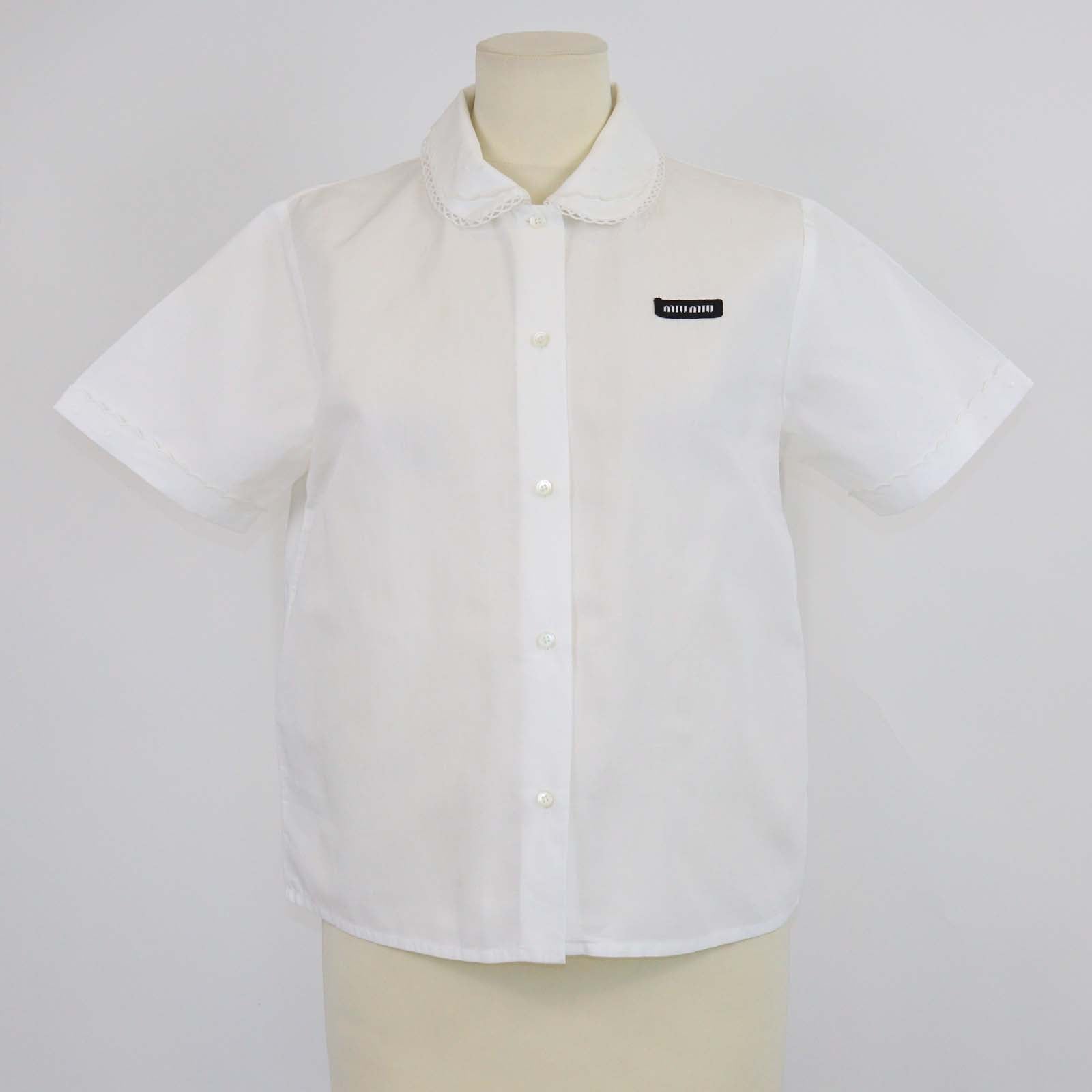 Miu Miu White Cotton and Linen Slubbed Polin Short Sleeve Shirt