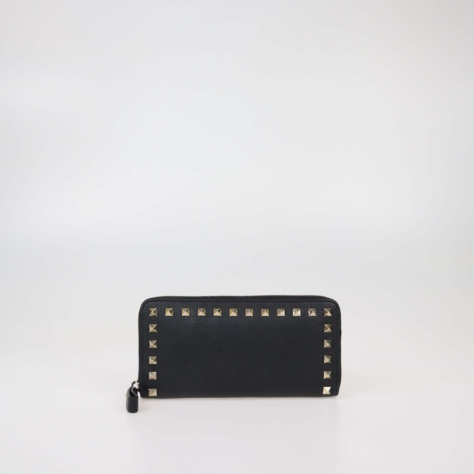 Valentino Black Leather Rockstud Zip Around Continental Wallet Womens Valentino 