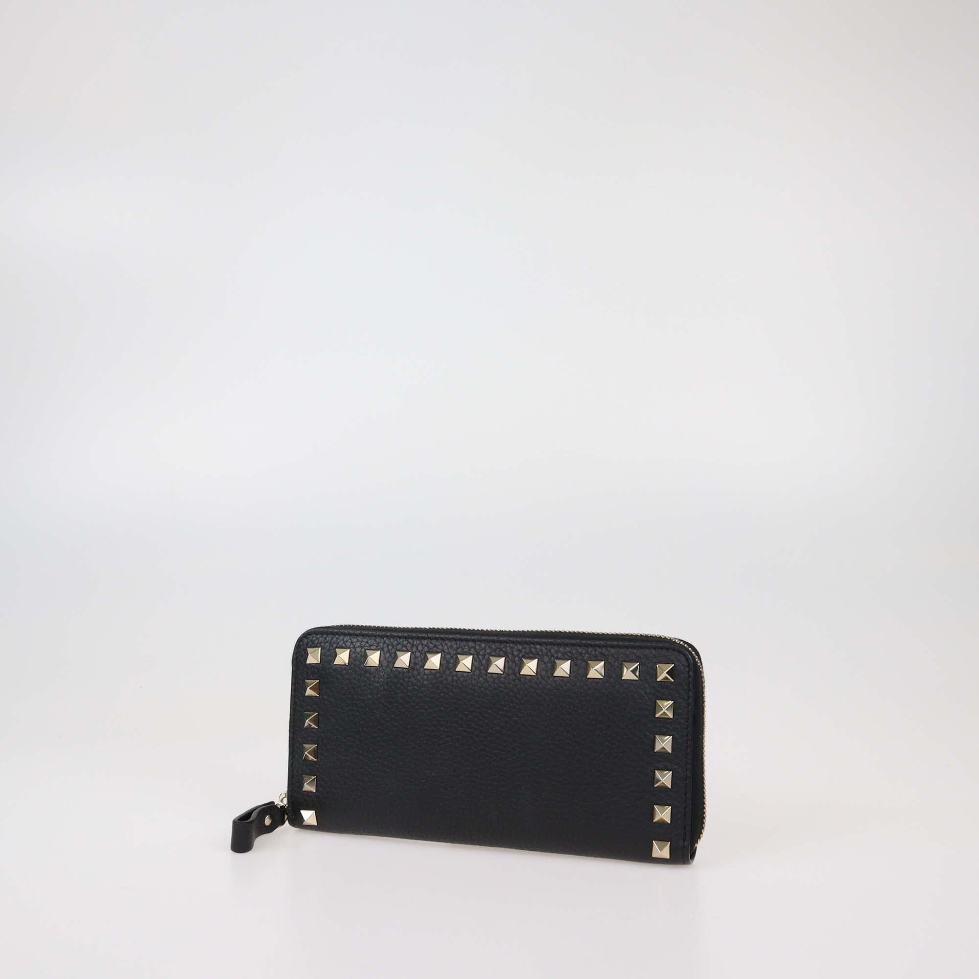 Valentino Black Leather Rockstud Zip Around Continental Wallet Womens Valentino 