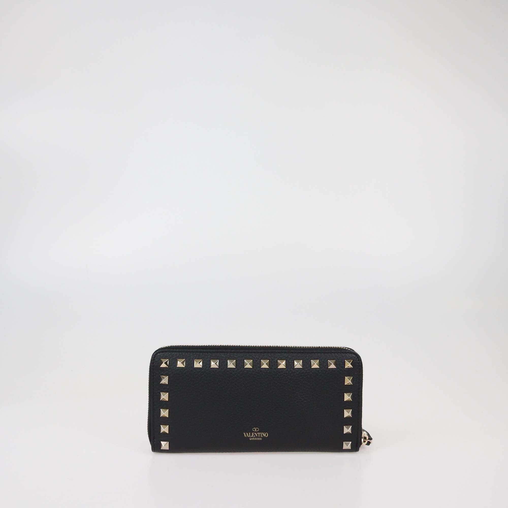 Valentino Black Leather Rockstud Zip Around Continental Wallet Womens Valentino 