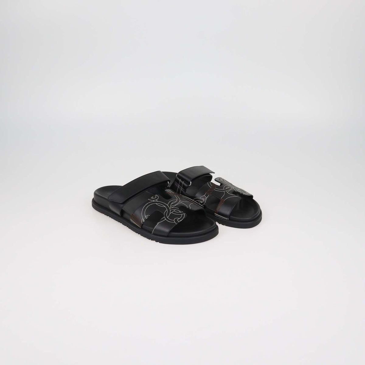 Hermes Black Leather Panoplie Equestre Chypre Sandals