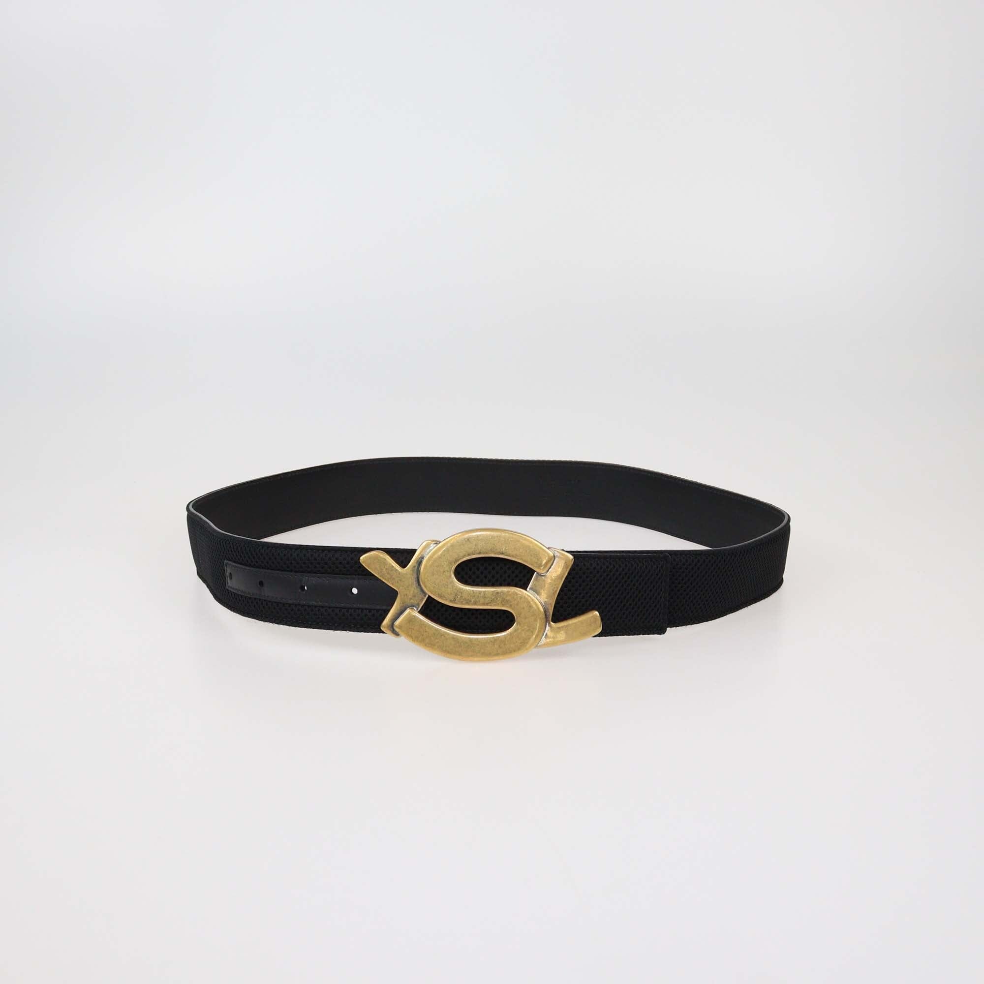 Yves Saint Laurent Black Mesh Fabric Monogram Buckle Belt Womens Saint Laurent 