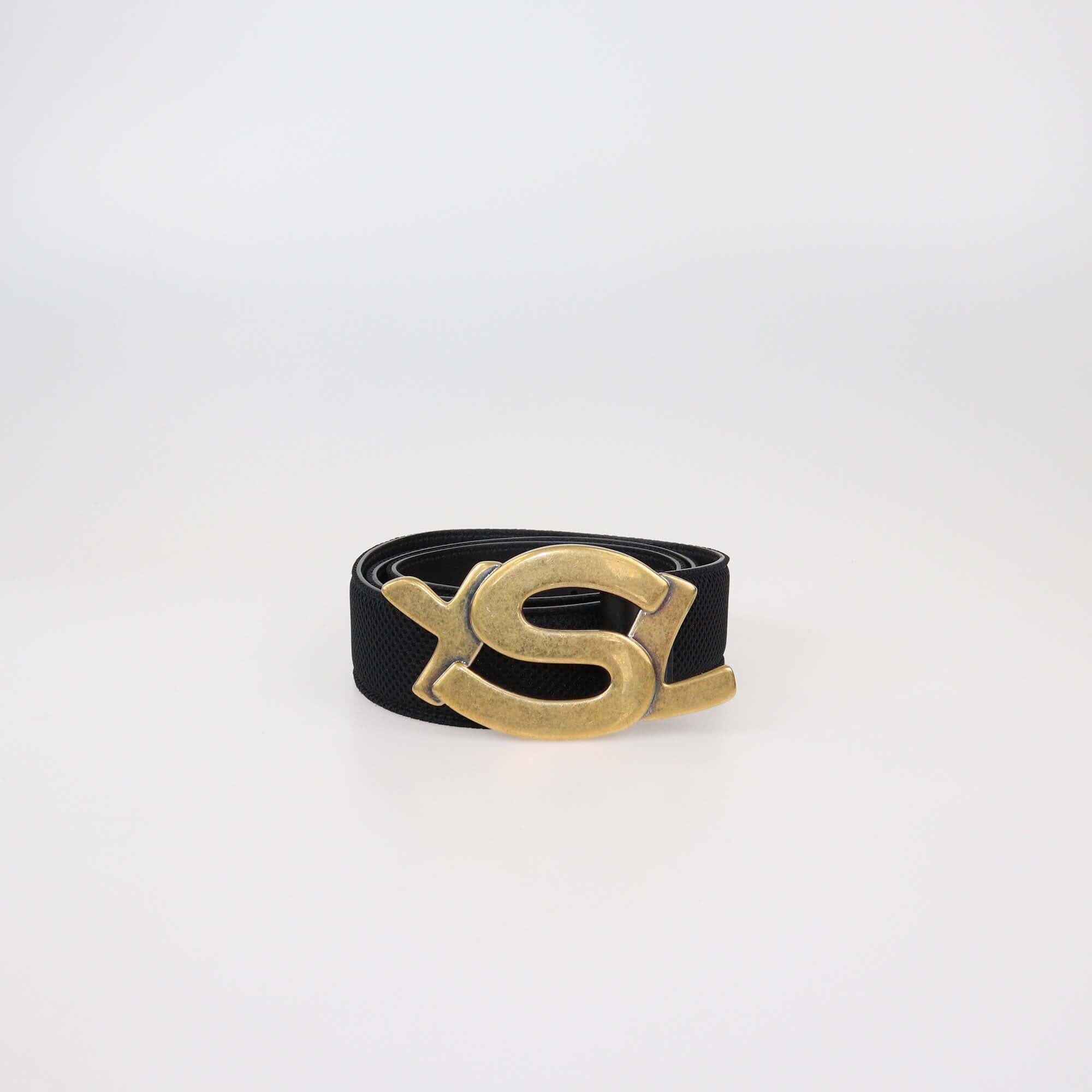 Yves Saint Laurent Black Mesh Fabric Monogram Buckle Belt Womens Saint Laurent 