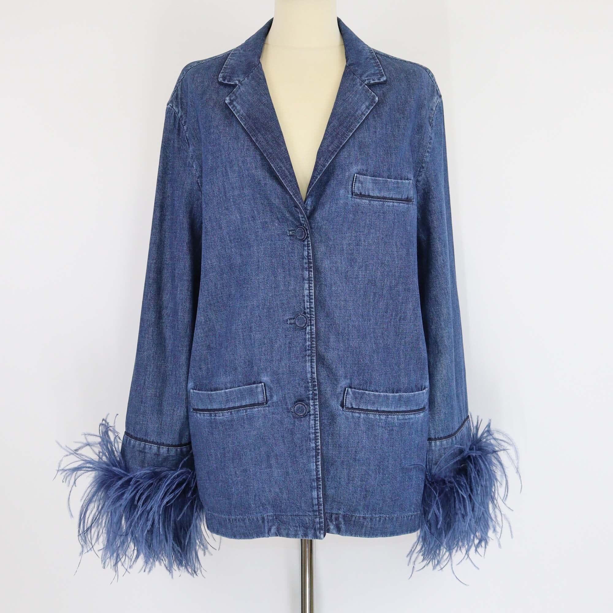 Valentino Blue Ostrich-Feather Cuffs Denim Long Sleeve Shirt Womens Valentino 
