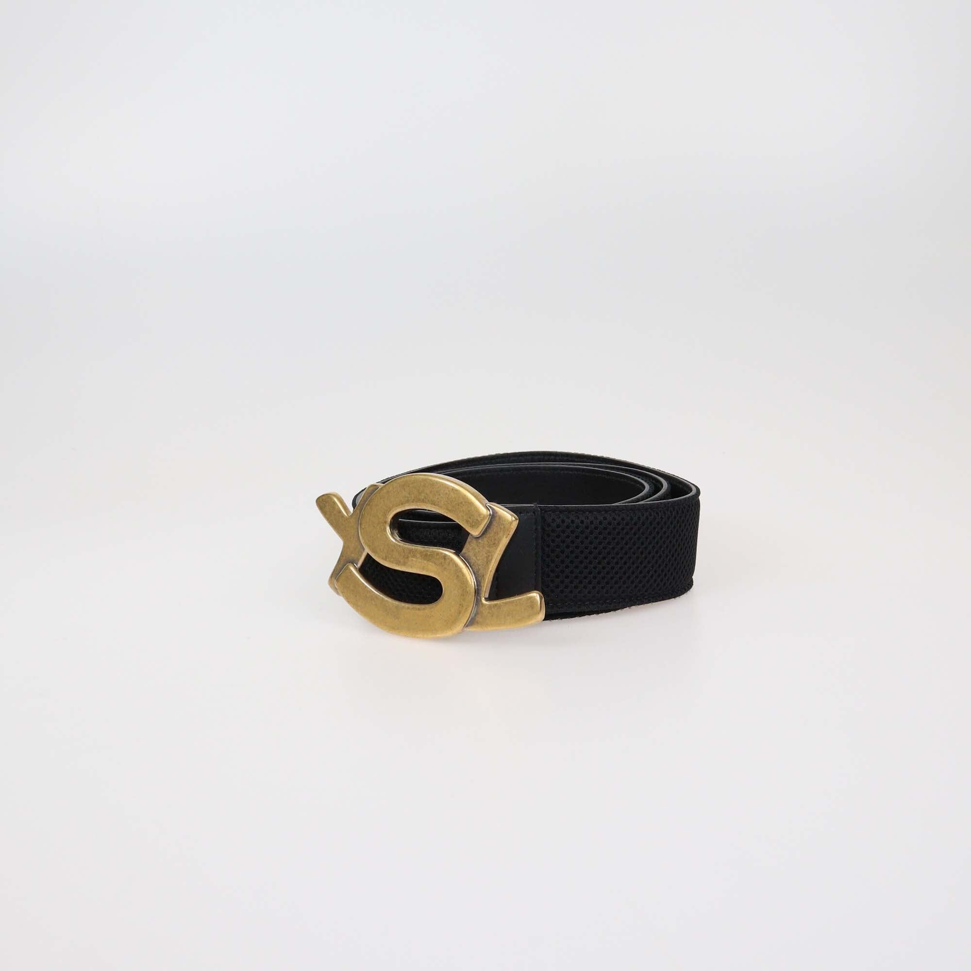Yves Saint Laurent Black Mesh Fabric Monogram Buckle Belt Womens Saint Laurent 