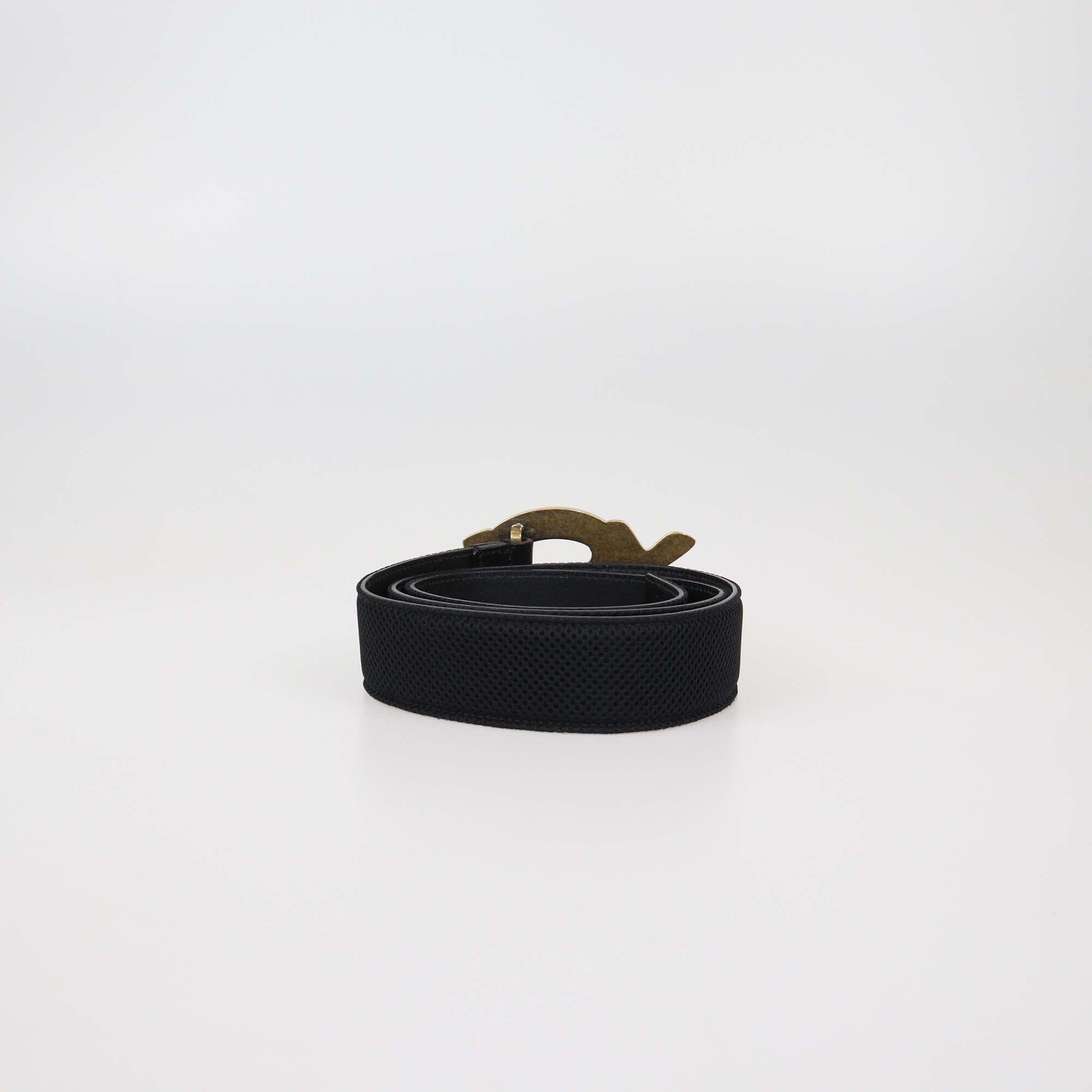 Yves Saint Laurent Black Mesh Fabric Monogram Buckle Belt Womens Saint Laurent 
