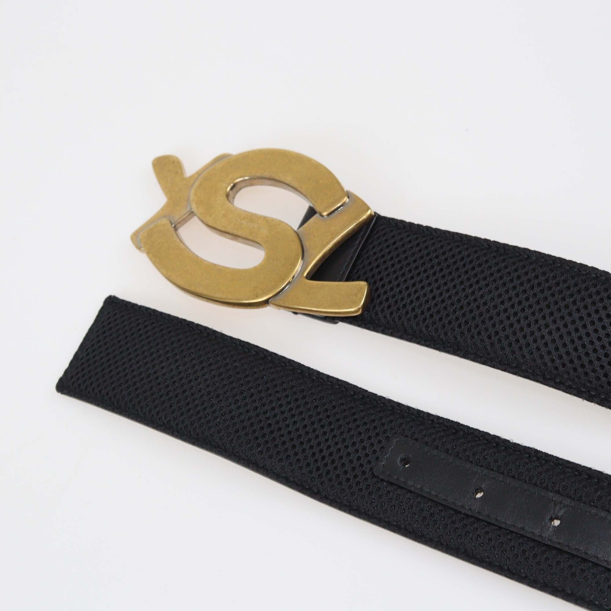 Yves Saint Laurent Black Mesh Fabric Monogram Buckle Belt Womens Saint Laurent 