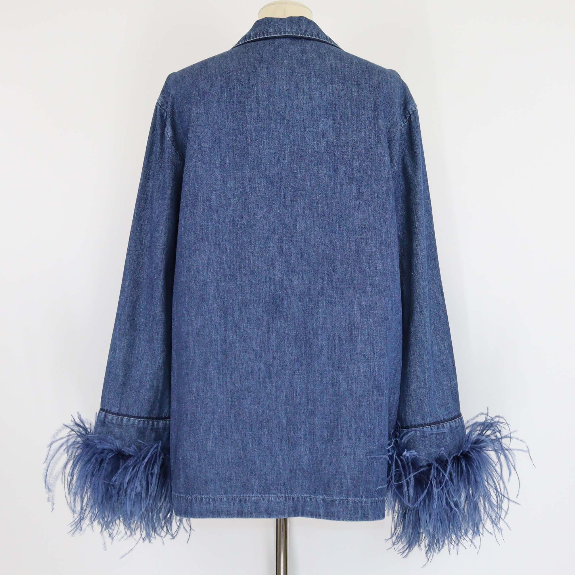 Valentino Blue Ostrich-Feather Cuffs Denim Long Sleeve Shirt Womens Valentino 