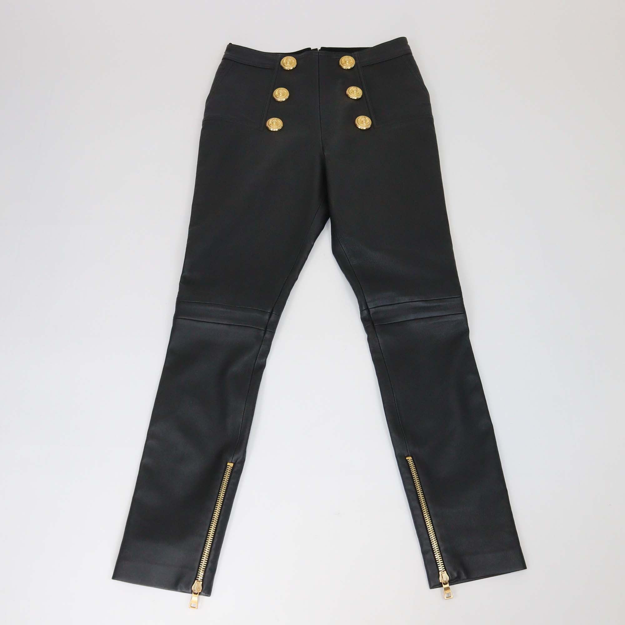 Balmain Black Leather Button Embellished Leggings