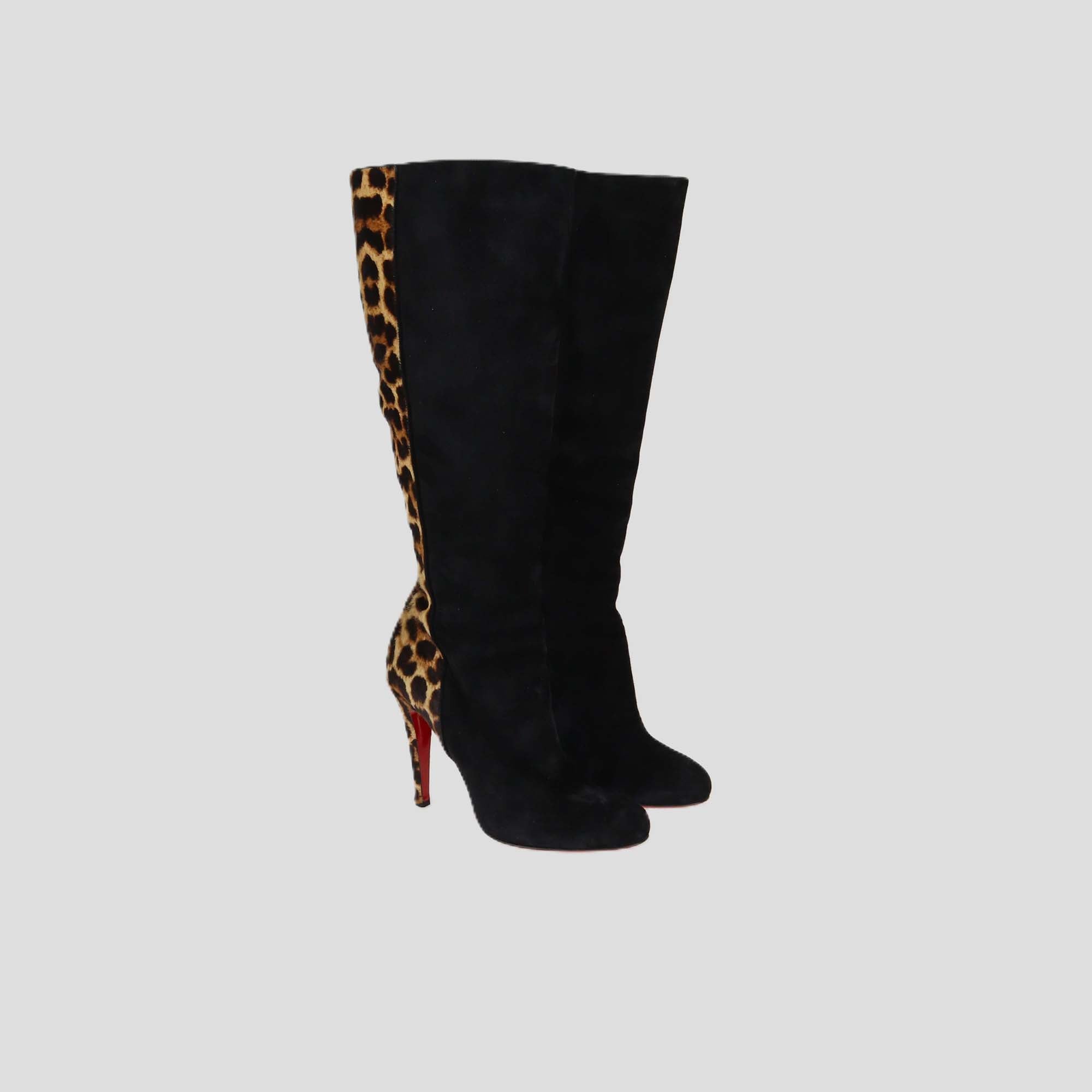 Christian Louboutin Black/Brown Leopard Print Calf Hair and Suede Acheval 100 Boots