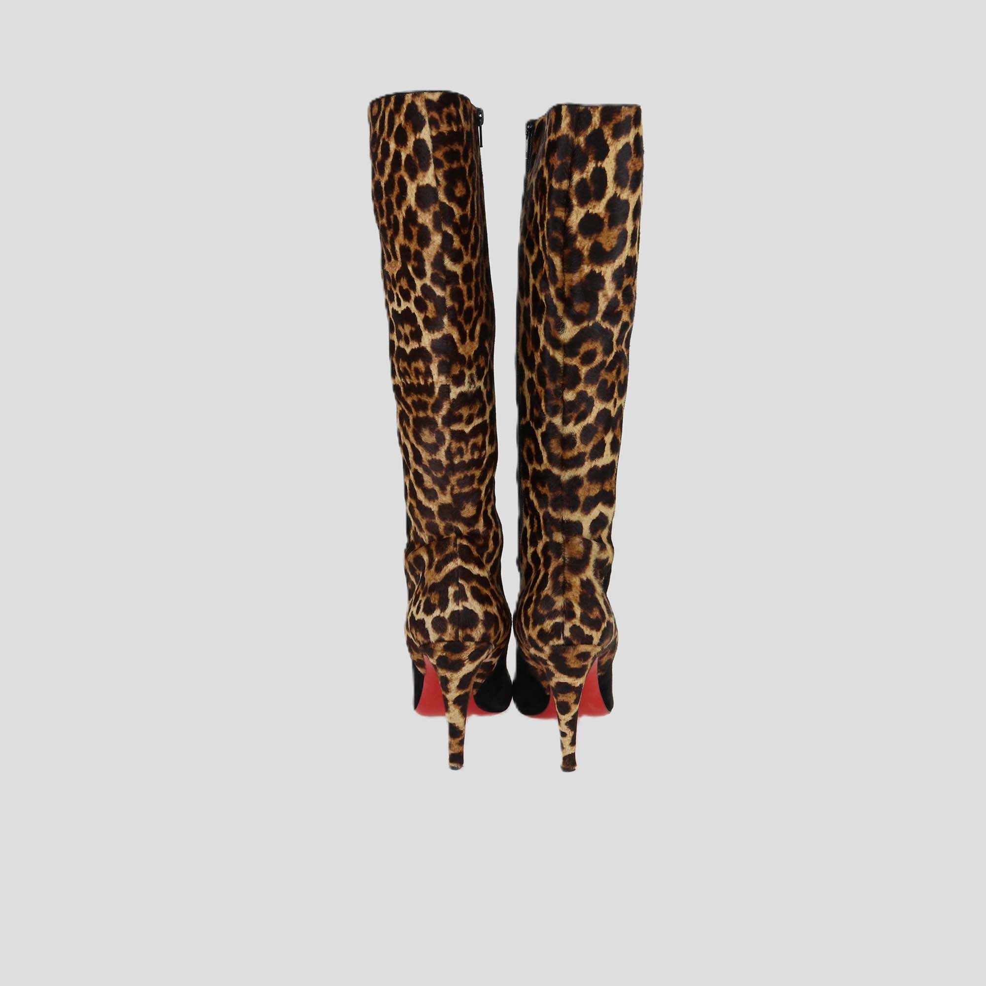 Christian Louboutin Black/Brown Leopard Print Calf Hair and Suede Acheval 100 Boots