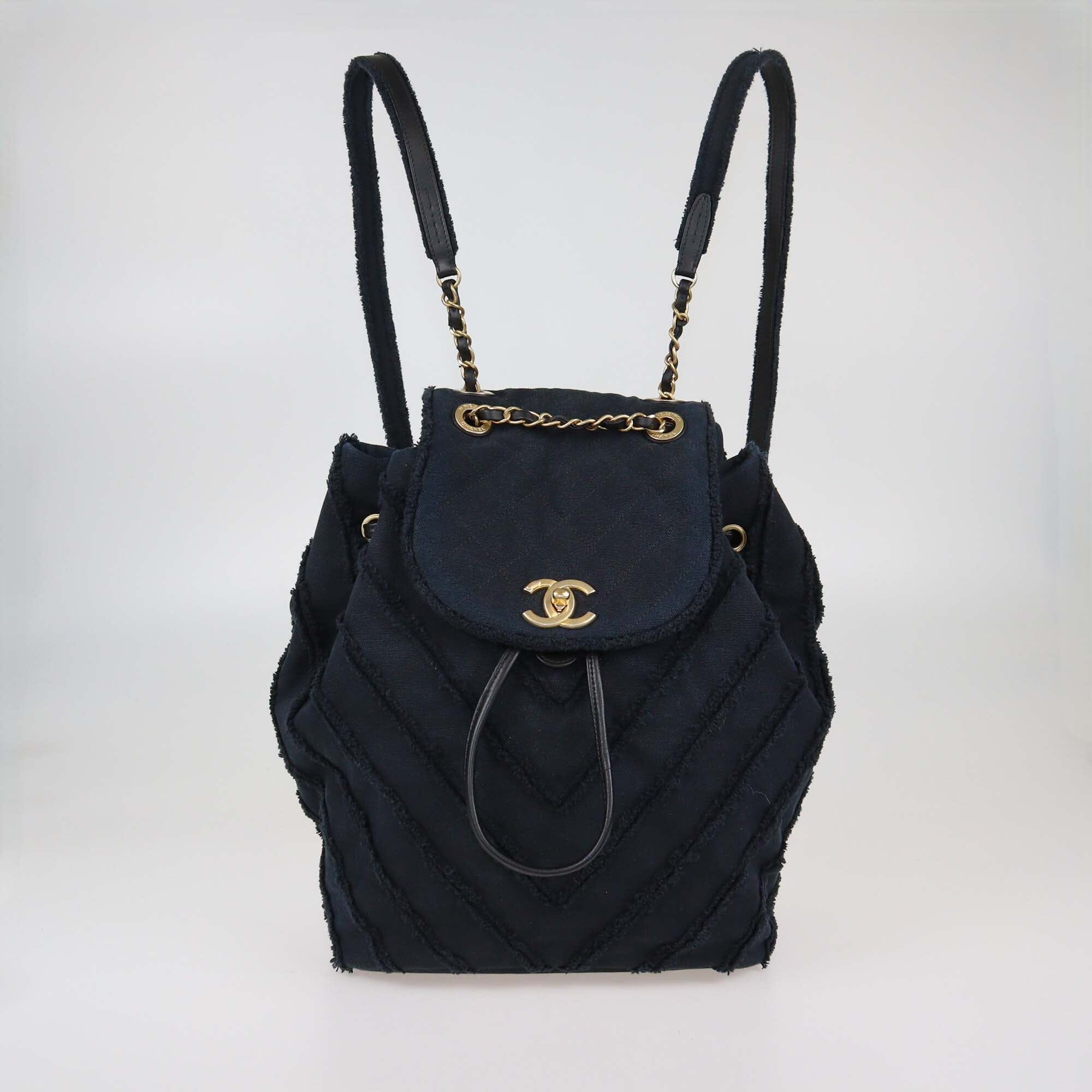 Chanel Navy Blue Chevron Denim Medium Drawstring Patchwork Backpack Womens Chanel 