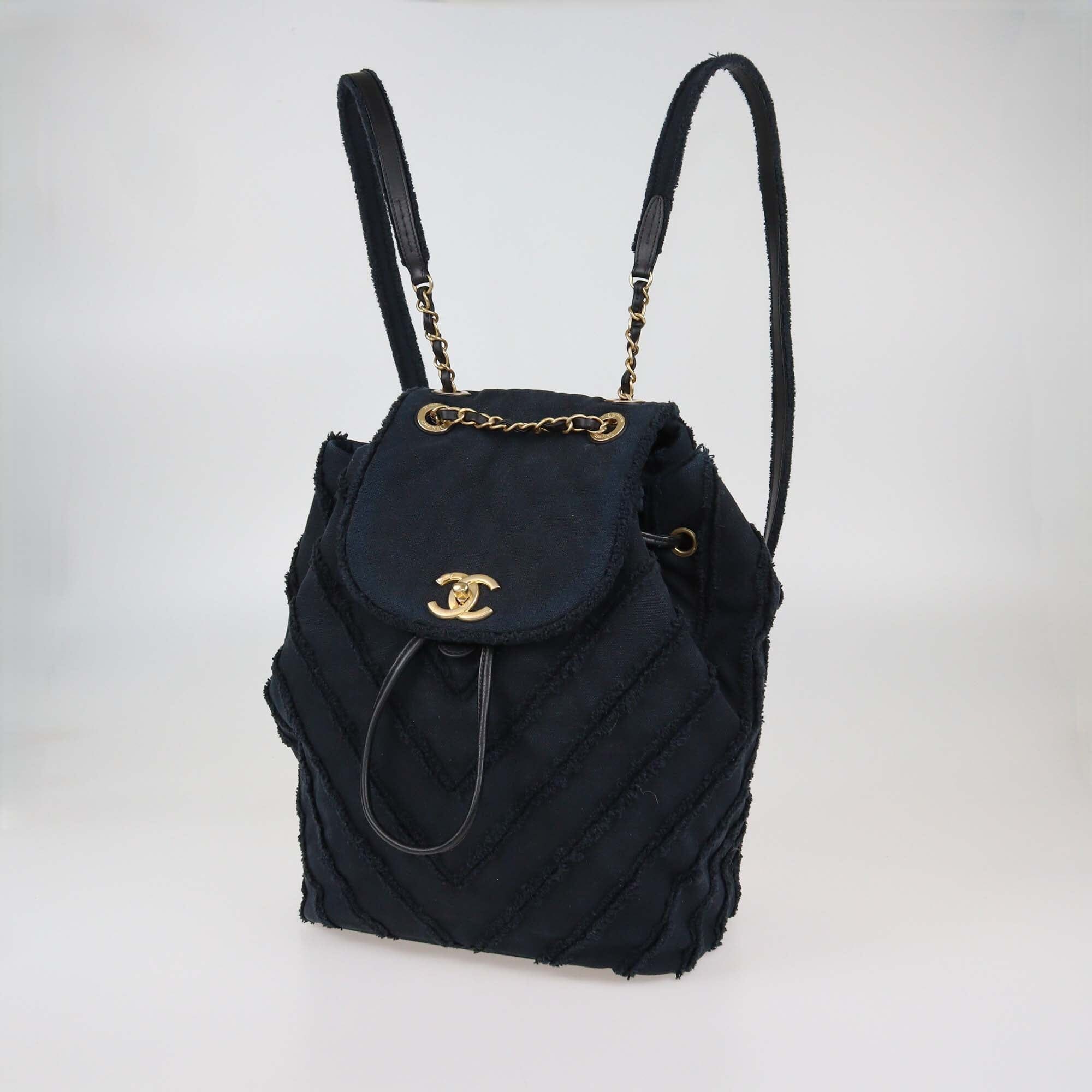 Chanel Navy Blue Chevron Denim Medium Drawstring Patchwork Backpack Womens Chanel 