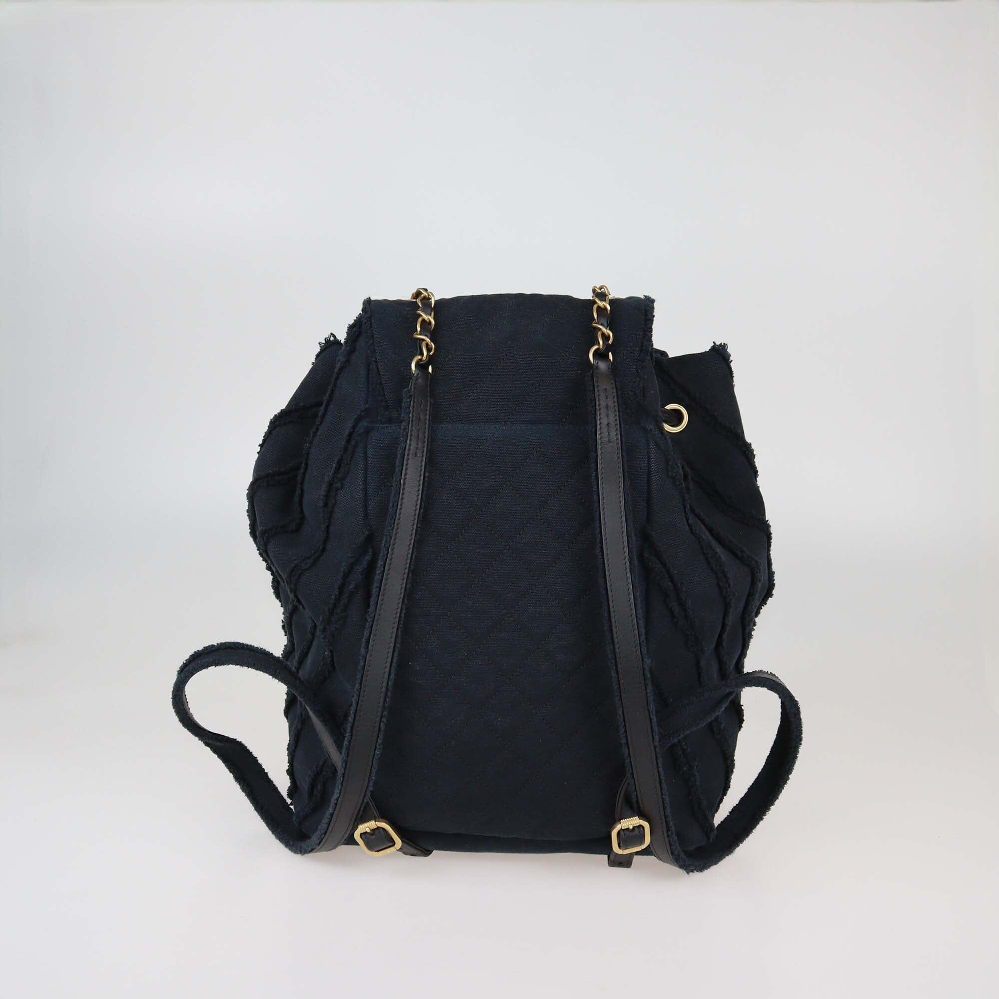 Chanel Navy Blue Chevron Denim Medium Drawstring Patchwork Backpack Womens Chanel 