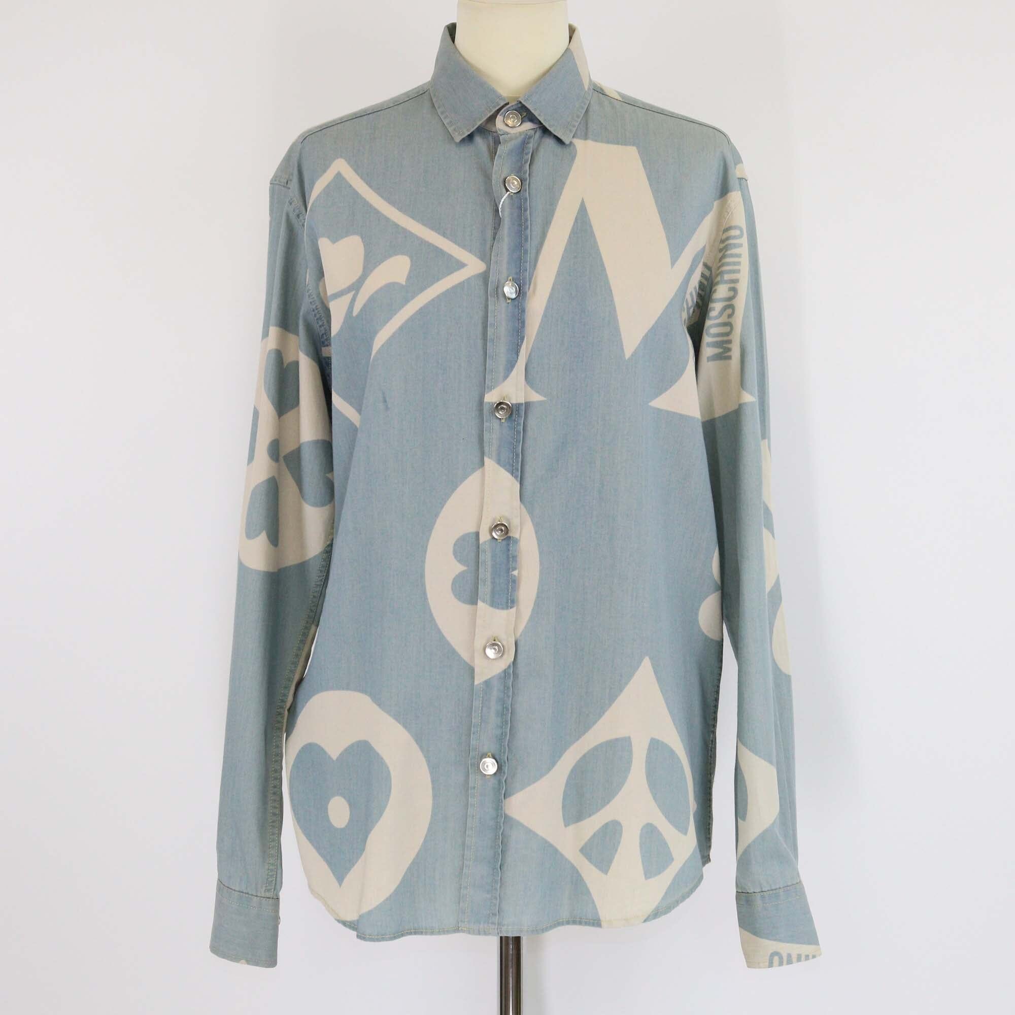 Moschino Couture Washed Blue Graphic Print Long Sleeve Button Shirt Womens Moschino 
