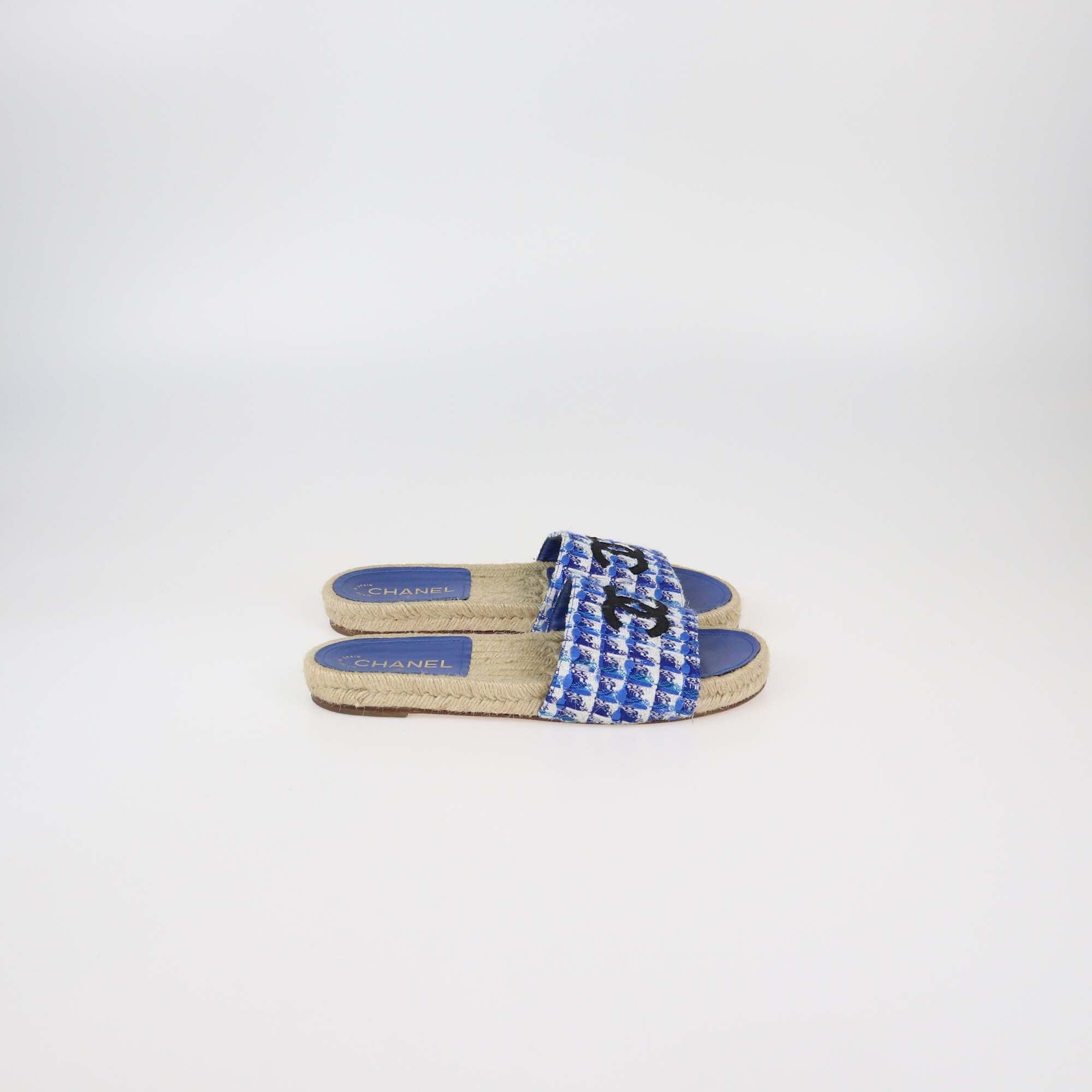 Chanel Blue Tweed CC Espadrille Flat Slides Womens Chanel 