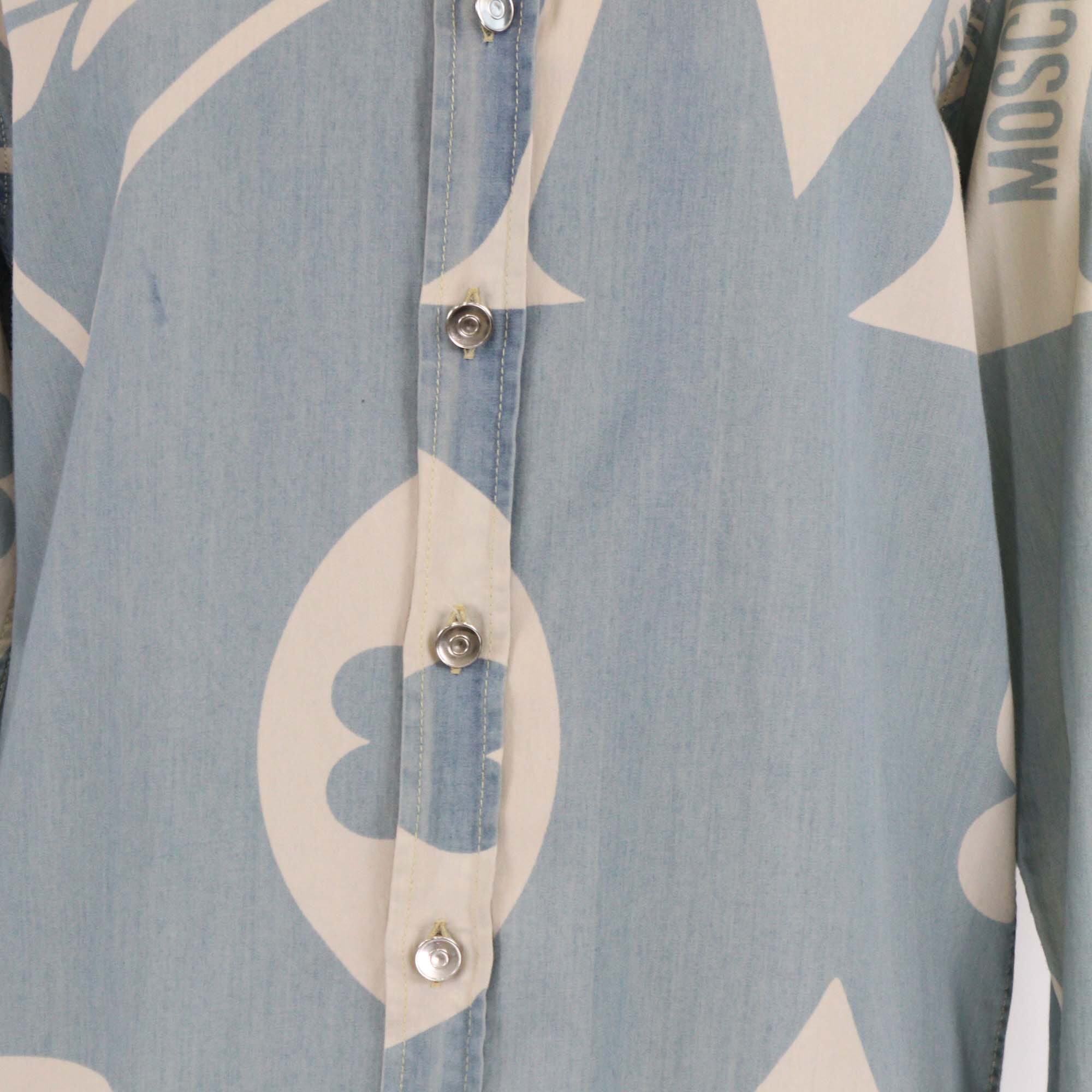 Moschino Couture Washed Blue Graphic Print Long Sleeve Button Shirt Womens Moschino 