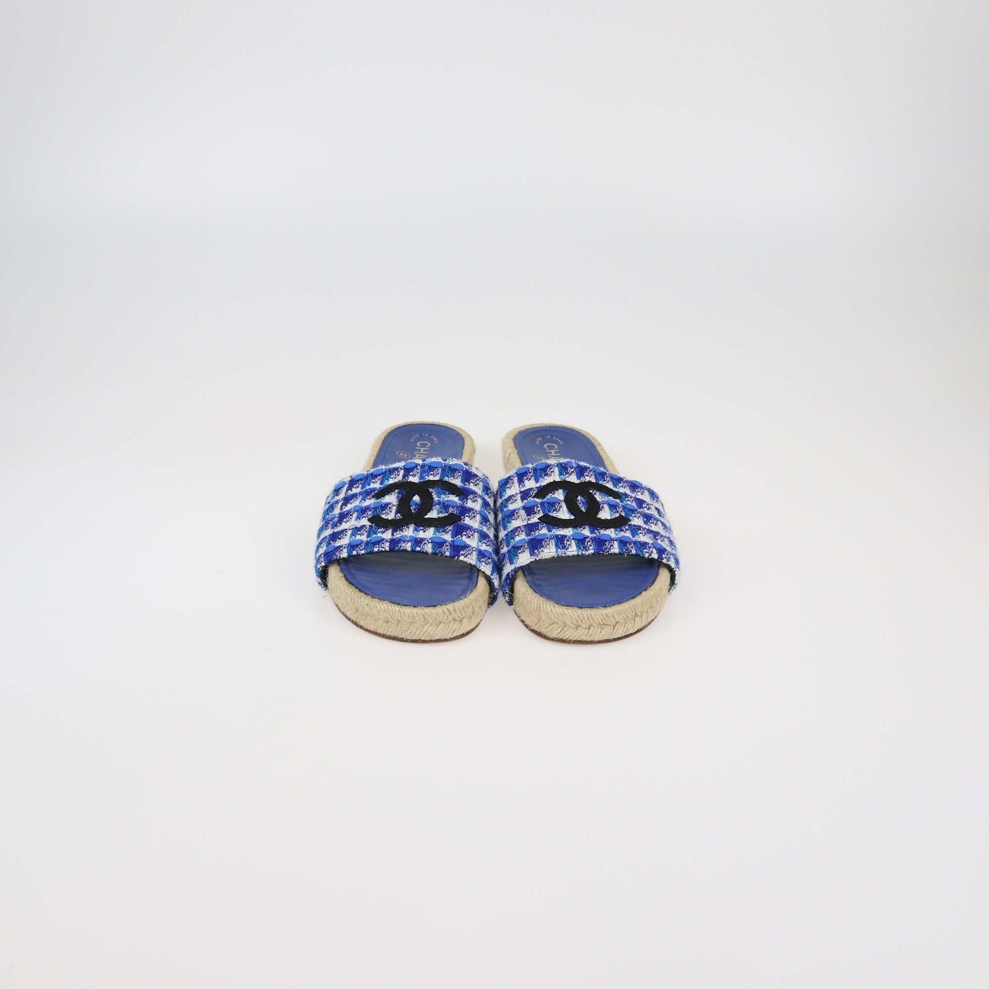 Chanel Blue Tweed CC Espadrille Flat Slides Womens Chanel 
