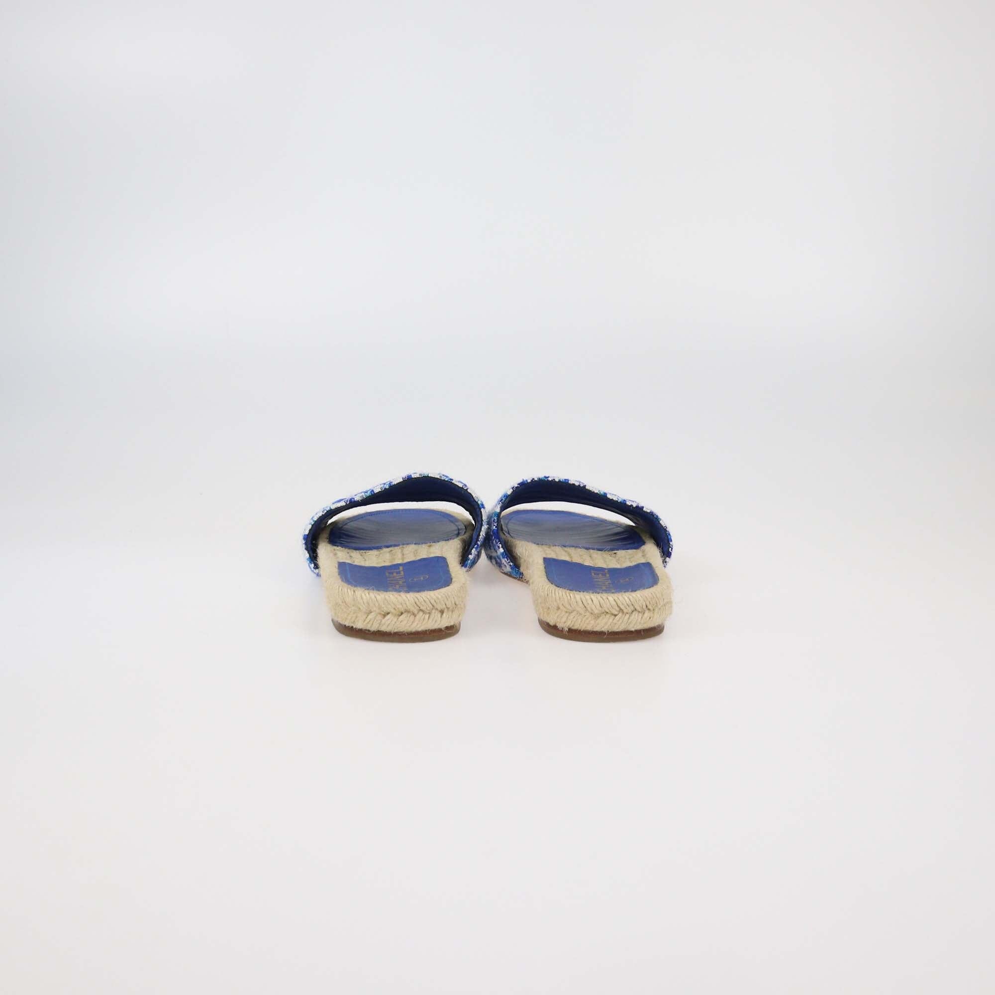 Chanel Blue Tweed CC Espadrille Flat Slides Womens Chanel 