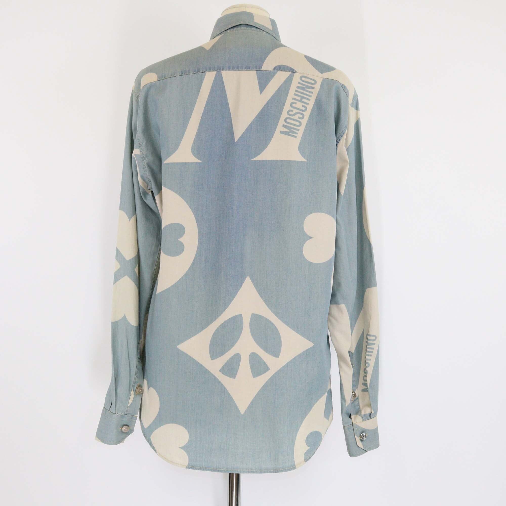 Moschino Couture Washed Blue Graphic Print Long Sleeve Button Shirt Womens Moschino 