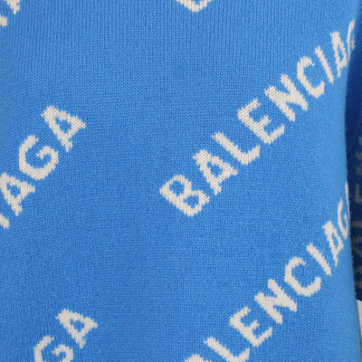 Balenciaga Blue Wool All-Over Logo Knit Sweater