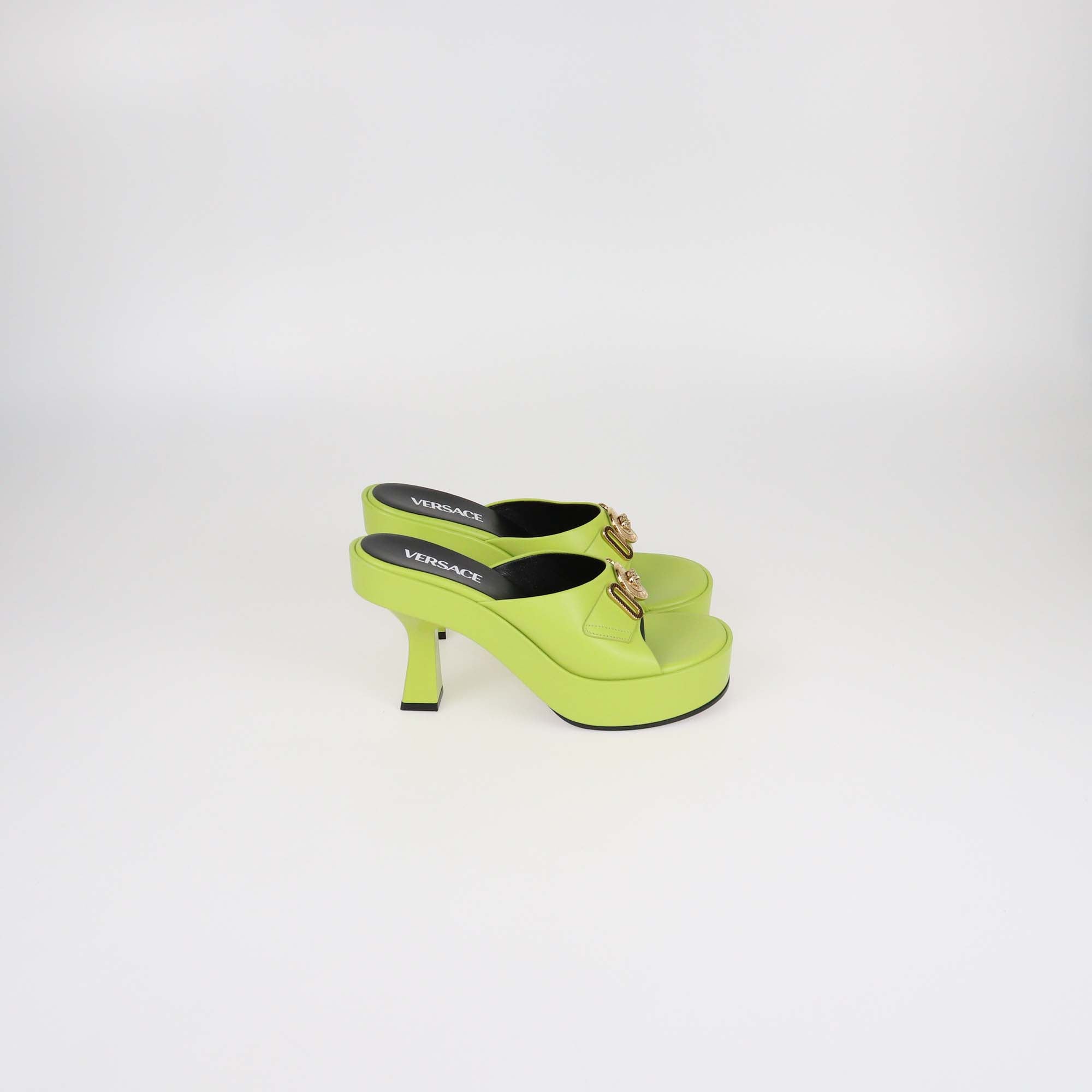 Versace Apple Green Leather Medusa Biggie Platform Mules