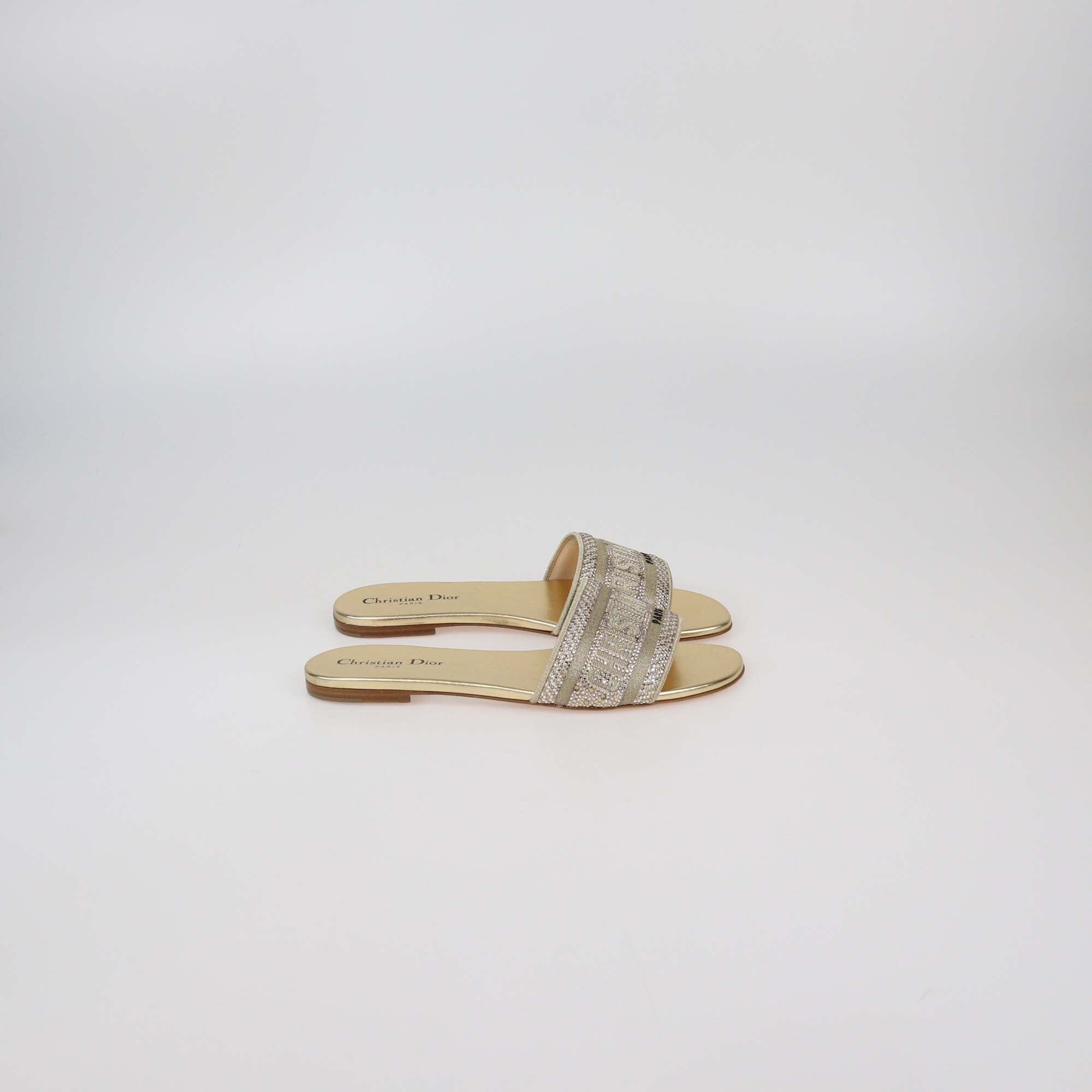 Christian Dior Gold Canvas Crystal Embellished D-Way Flat Slides Womens Christian Dior 