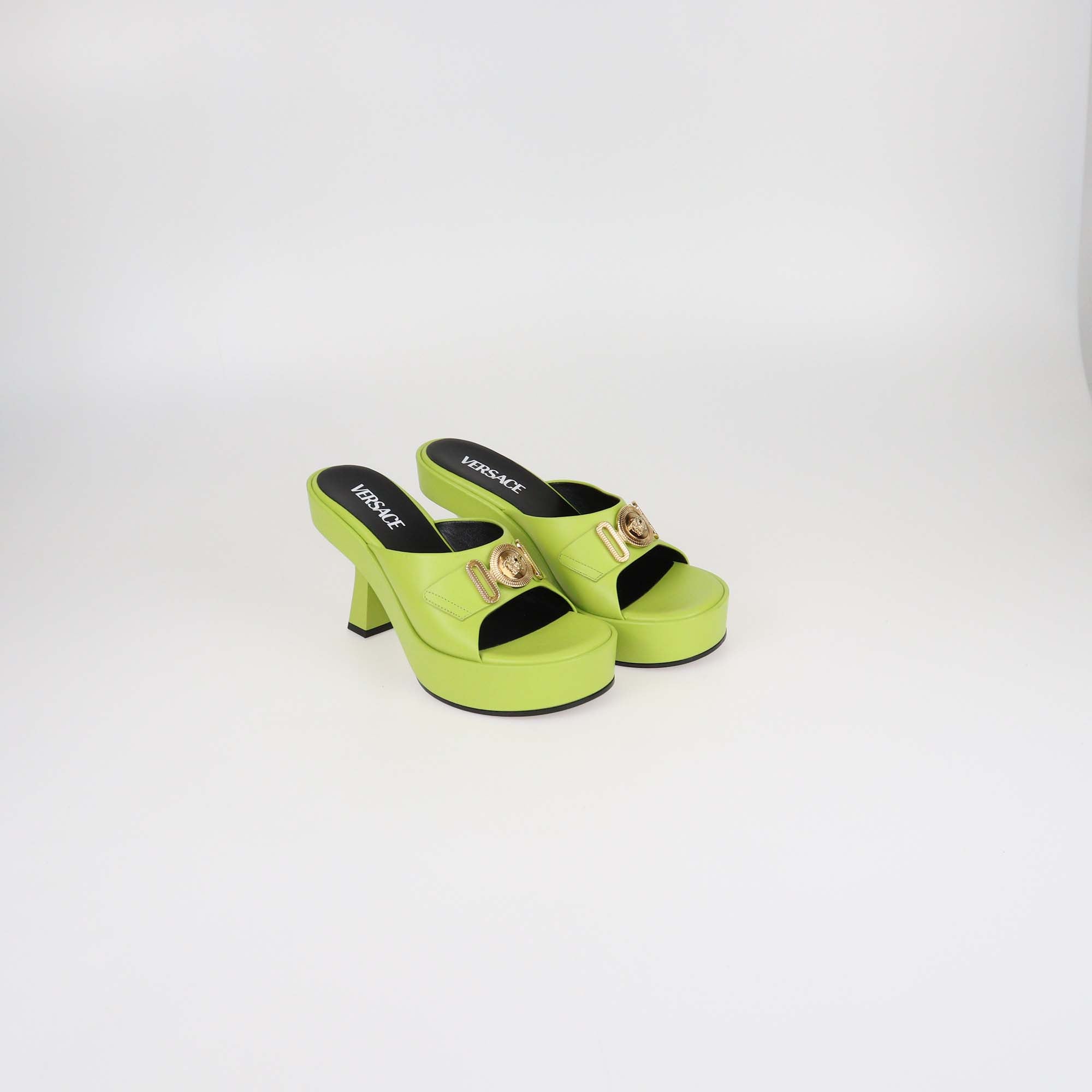 Versace Apple Green Leather Medusa Biggie Platform Mules