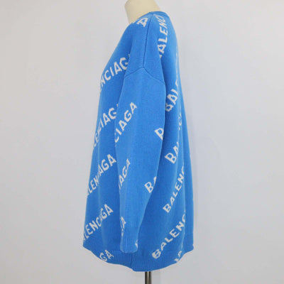 Balenciaga Blue Wool All-Over Logo Knit Sweater