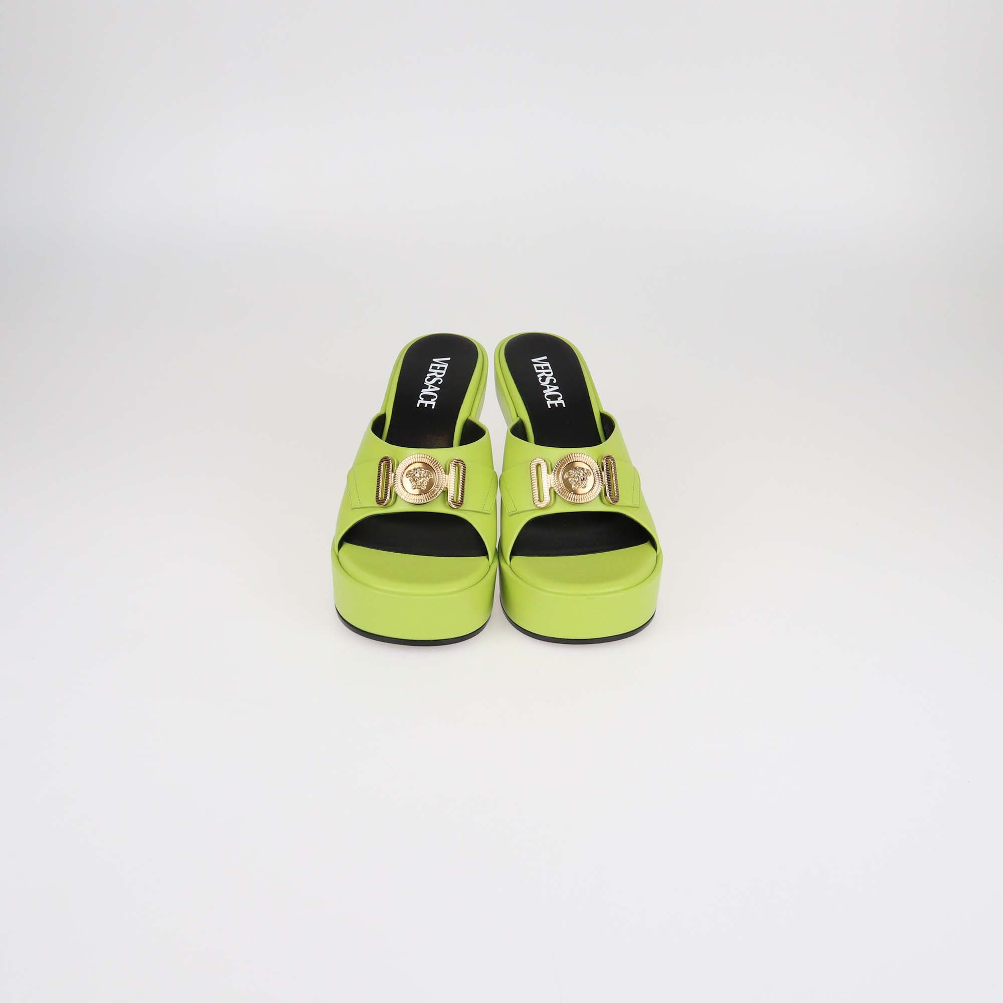 Versace Apple Green Leather Medusa Biggie Platform Mules