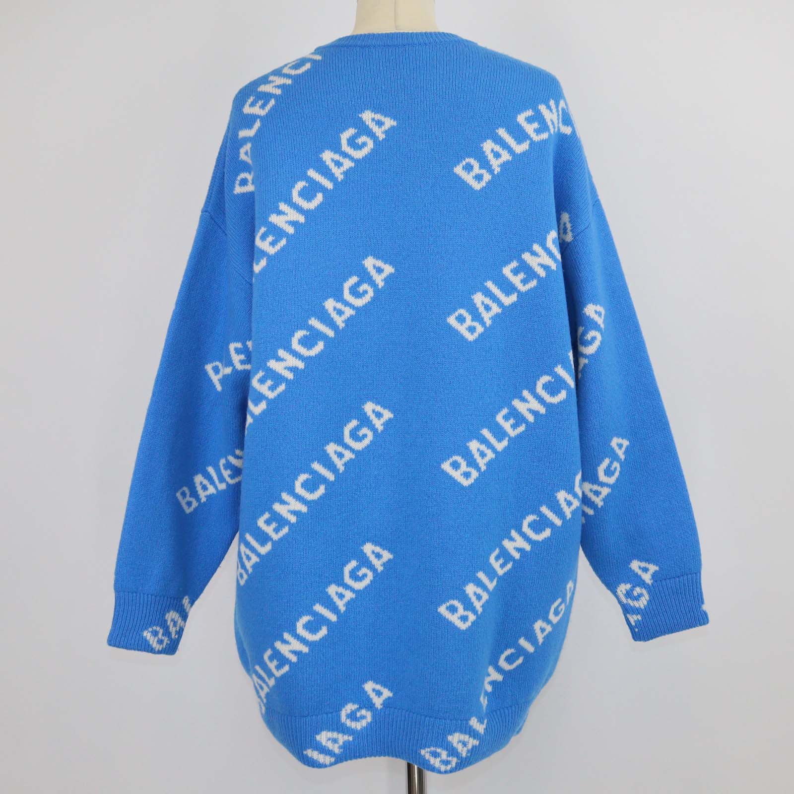 Balenciaga Blue Wool All-Over Logo Knit Sweater