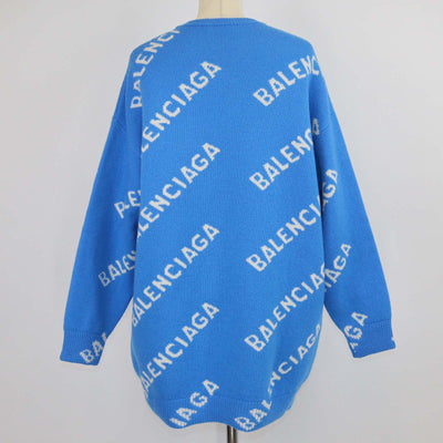 Balenciaga Blue Wool All-Over Logo Knit Sweater