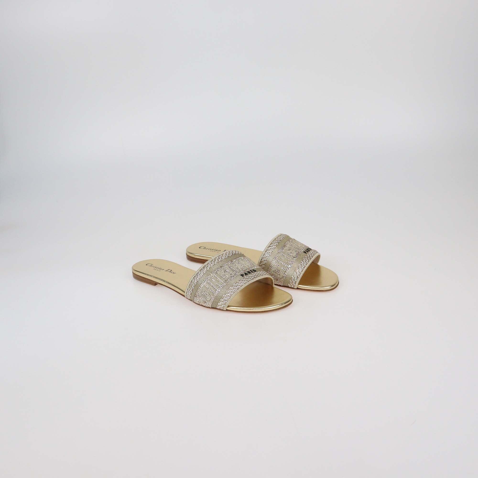 Christian Dior Gold Canvas Crystal Embellished D-Way Flat Slides Womens Christian Dior 