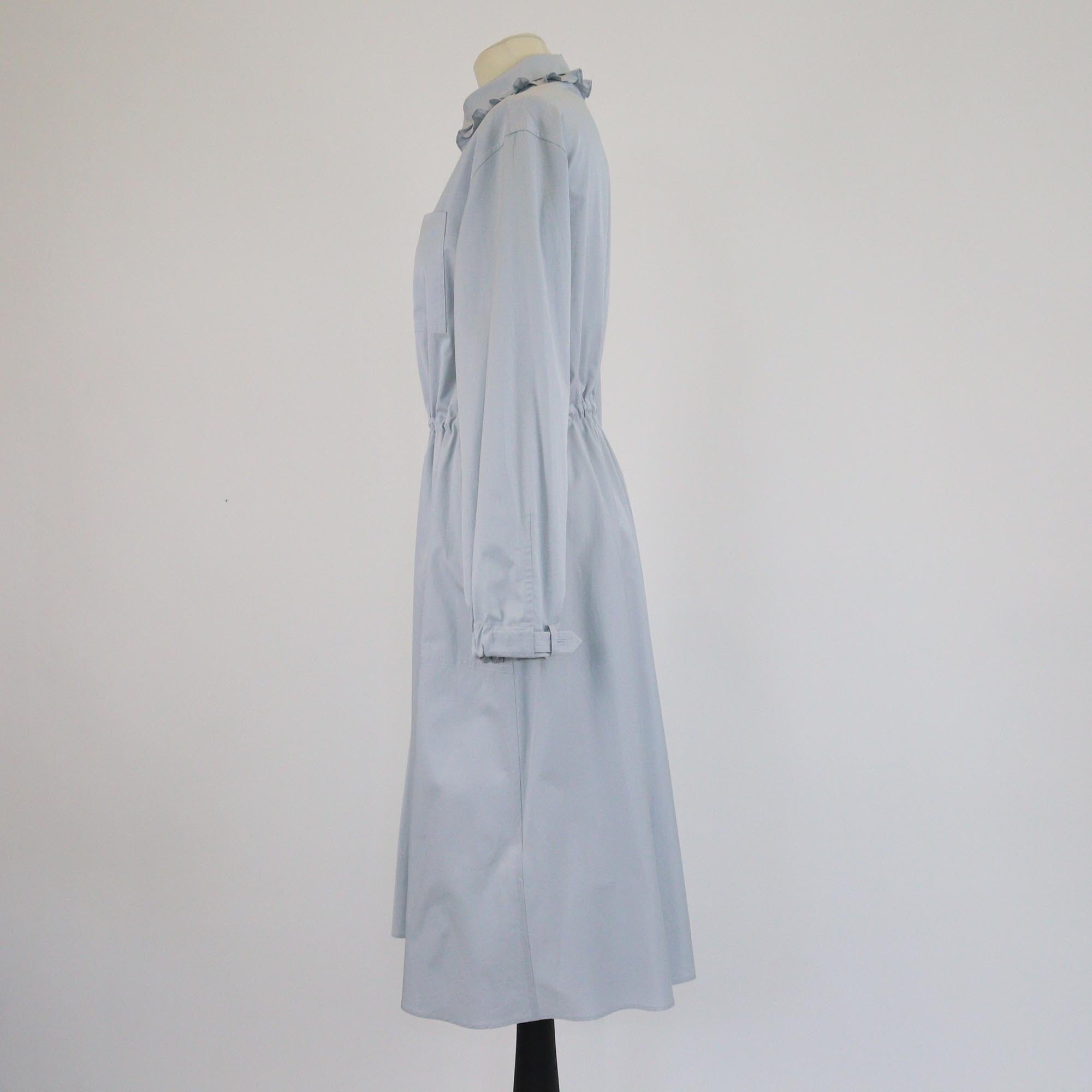 Hermes Bleu Givre Ruffled Neck Long Sleeve Elastic Midi Dress Womens Hermes 