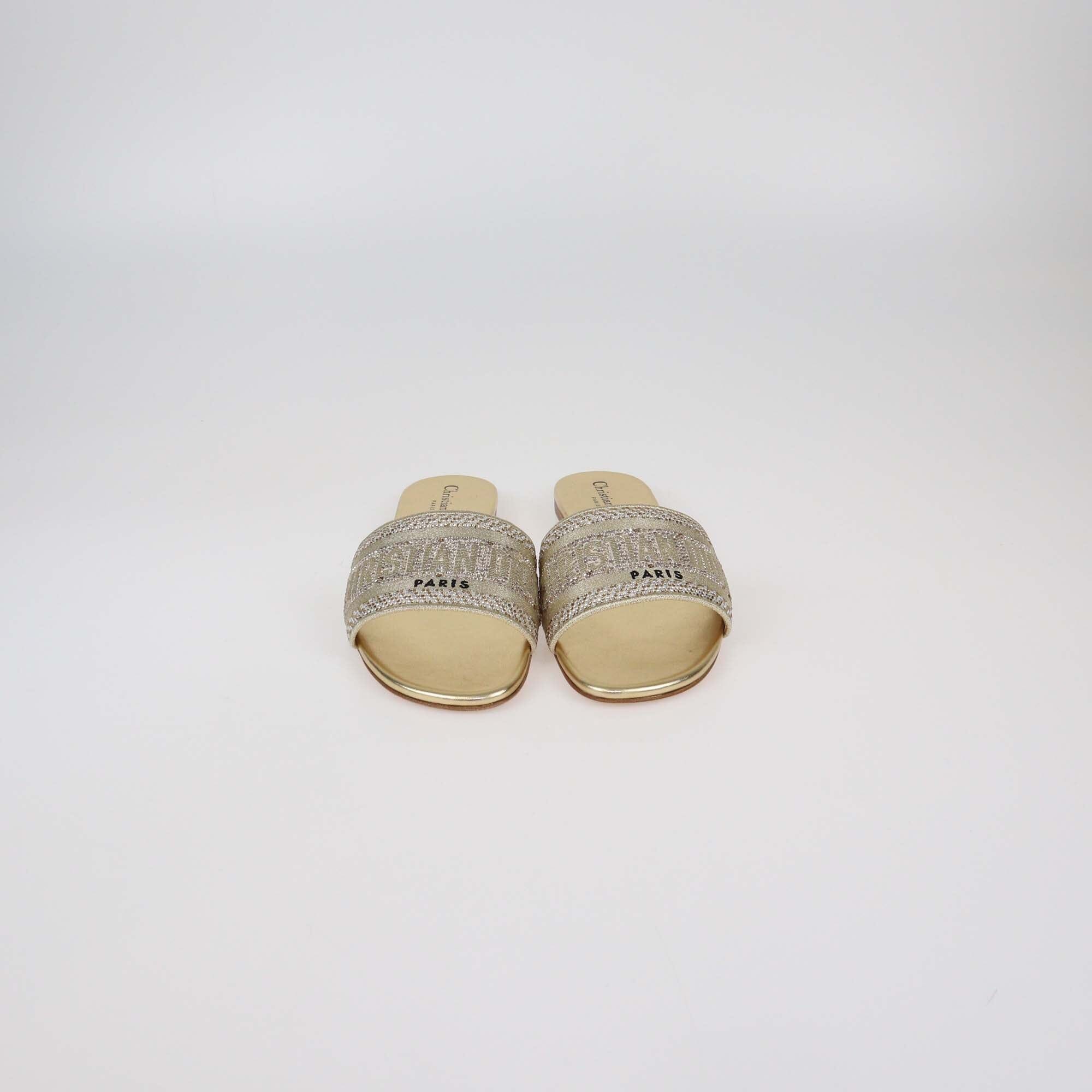 Christian Dior Gold Canvas Crystal Embellished D-Way Flat Slides Womens Christian Dior 