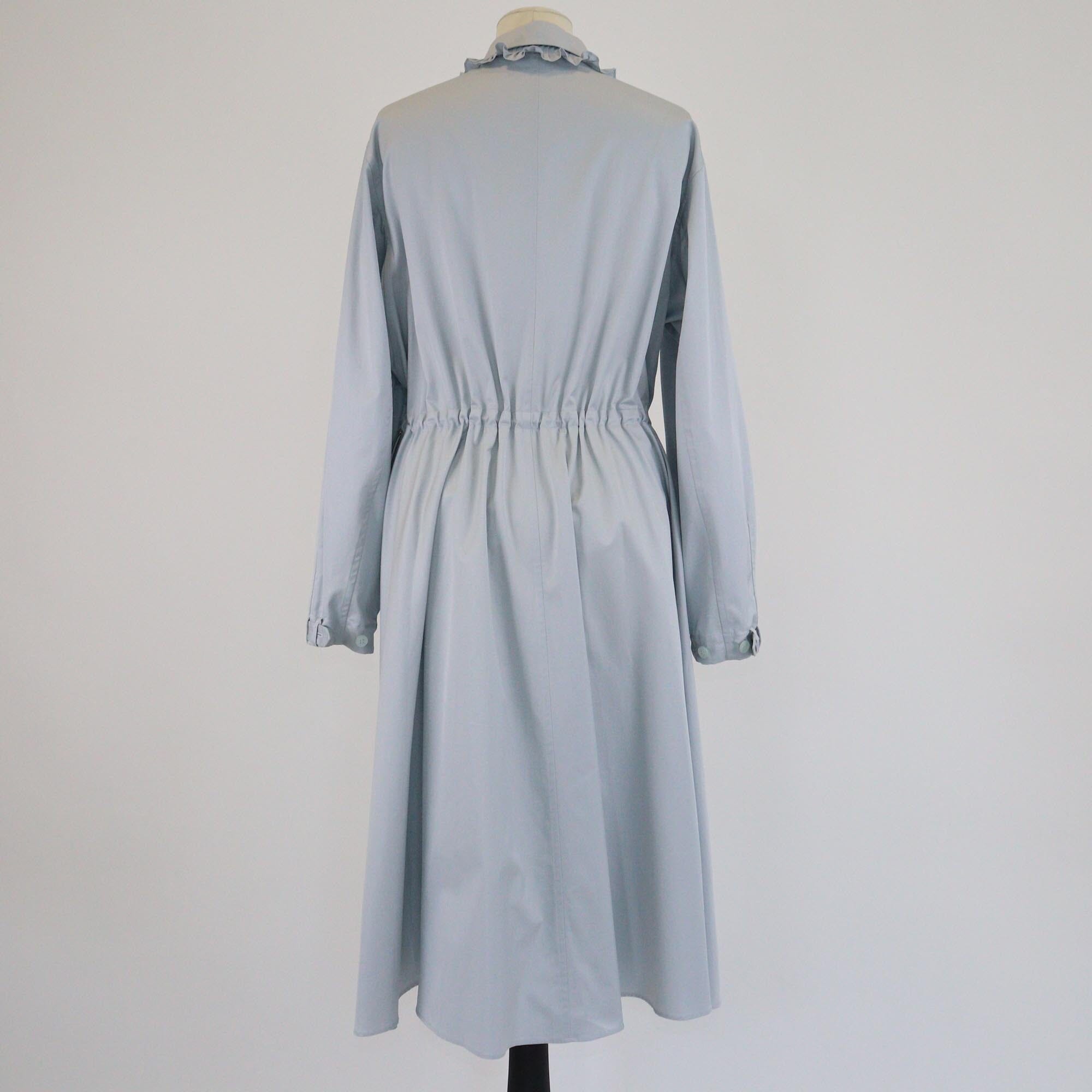 Hermes Bleu Givre Ruffled Neck Long Sleeve Elastic Midi Dress Womens Hermes 