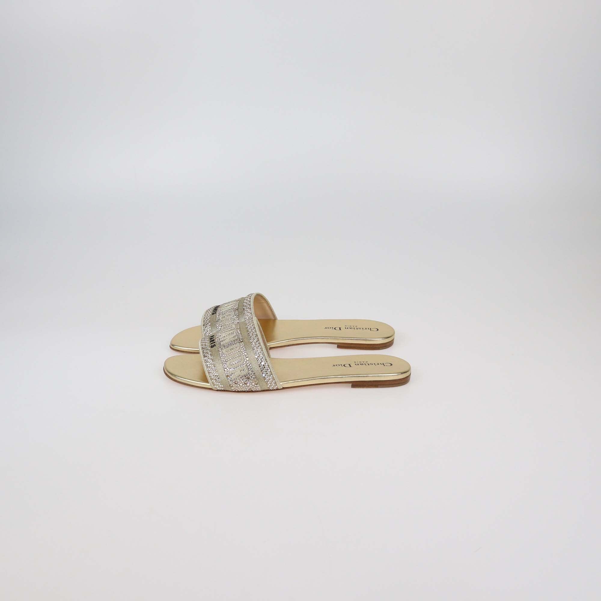Christian Dior Gold Canvas Crystal Embellished D-Way Flat Slides Womens Christian Dior 