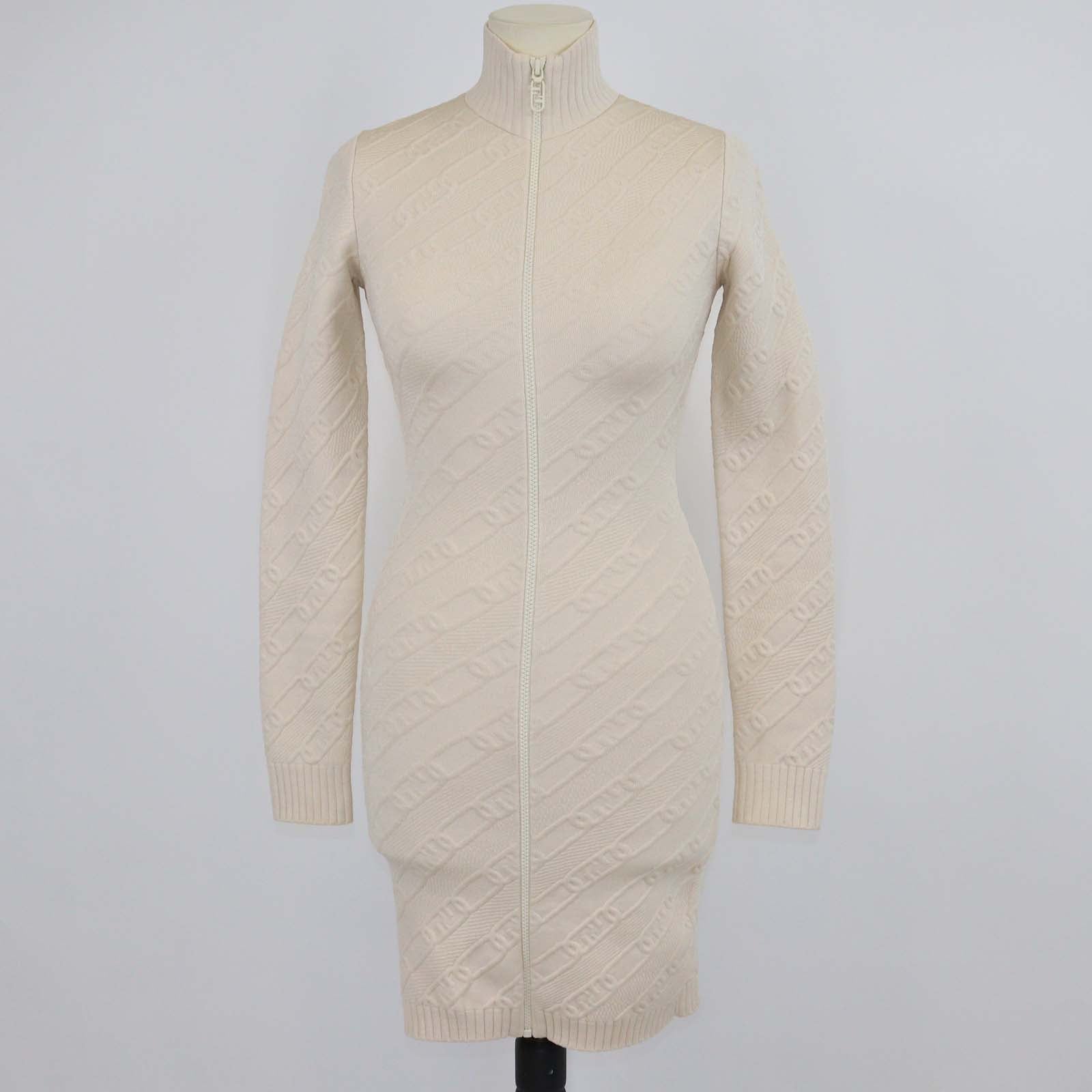 Fendi Beige FF Chain Embossed Knitted Zip Bodycon Long Sleeve Midi Dress