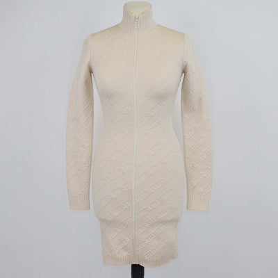 Fendi Beige FF Chain Embossed Knitted Zip Bodycon Long Sleeve Midi Dress