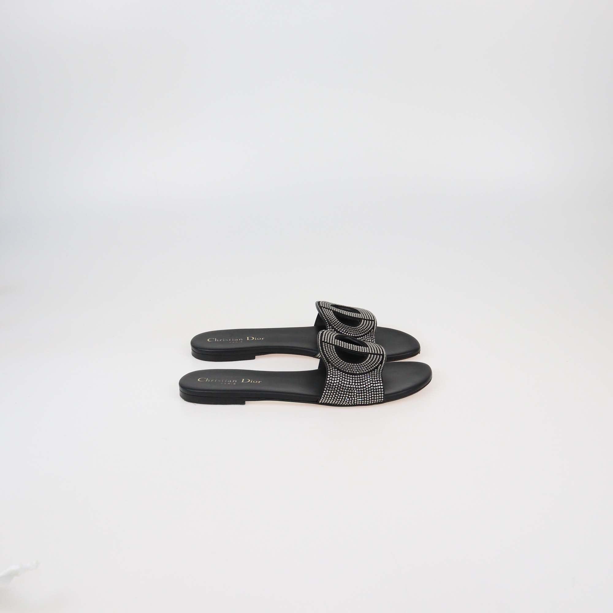 Christian Dior Black Crystal Embellished D-Way Flat Slides Womens Christian Dior 