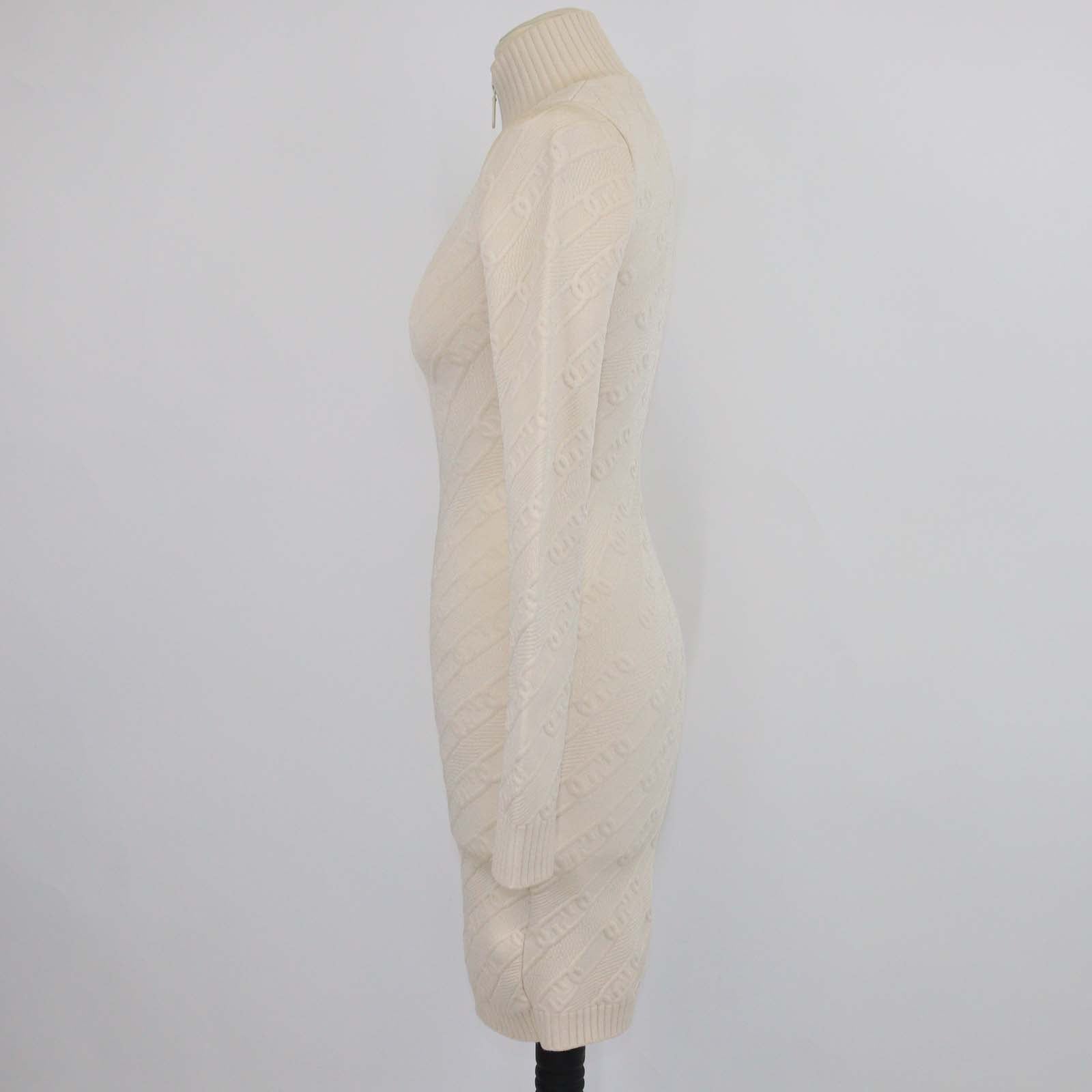 Fendi Beige FF Chain Embossed Knitted Zip Bodycon Long Sleeve Midi Dress