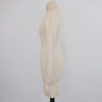 Fendi Beige FF Chain Embossed Knitted Zip Bodycon Long Sleeve Midi Dress