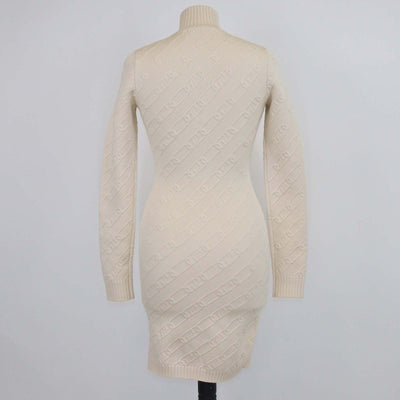 Fendi Beige FF Chain Embossed Knitted Zip Bodycon Long Sleeve Midi Dress